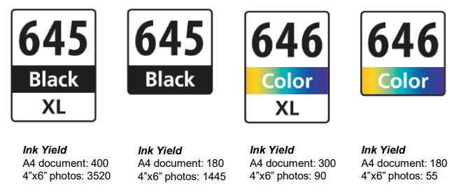 Canon Ink Cartridges PG 645, PG 645XL Black and Canon CL-646, CL-646XL Colour