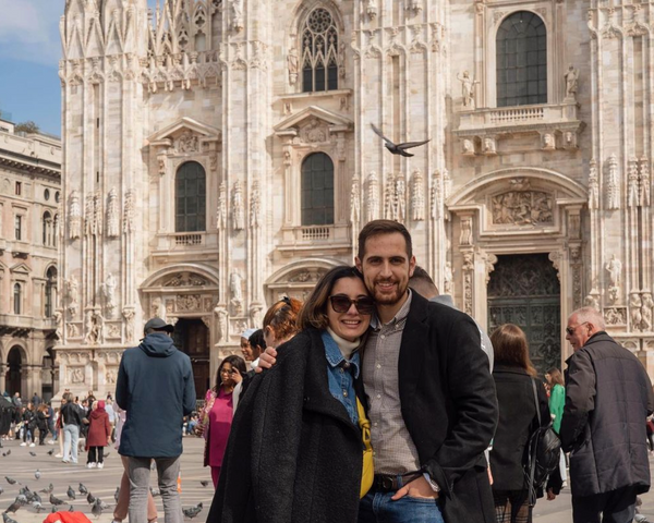 Pietro and Gabrielle at the Duomo cathedral in downtown Milan