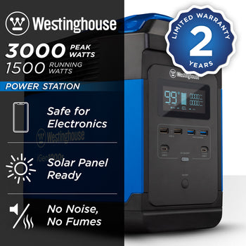 Westinghouse | iGen1000s power station shown on a white background with text reading: 3000 peak watts, 1500 running watts, safe for electronics, solar panel ready, no noise no fumes and 2 year limited warranty