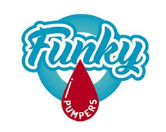 Funky pumpers logo showing the word 'funky' in blue with a drop of red blood coming out underneath, inside of which is written the word 'pumpers'. Behind these words is a blue circle surrounding the text.