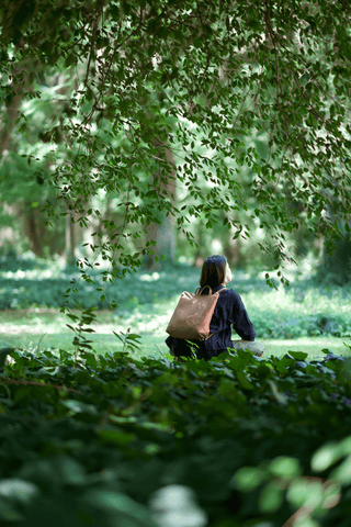 lether backpack in the forest