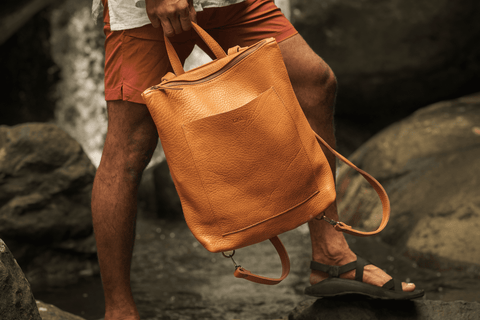 Leather backpack in the rain forest