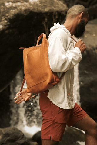 Leather backpack in the jungle