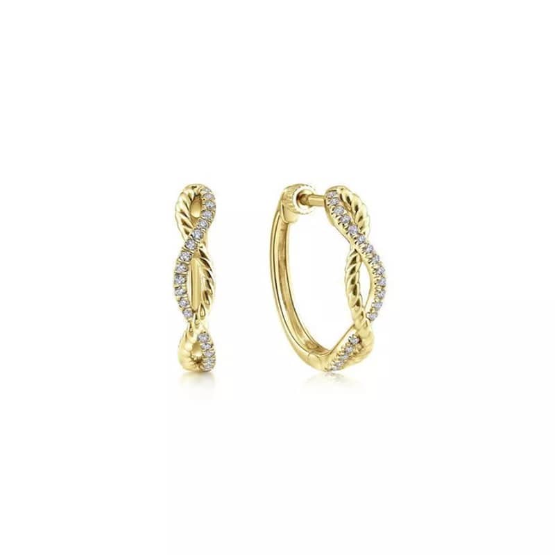 Gabriel & Co. Yellow Gold 15mm Twisted Rope and Diamond Huggies