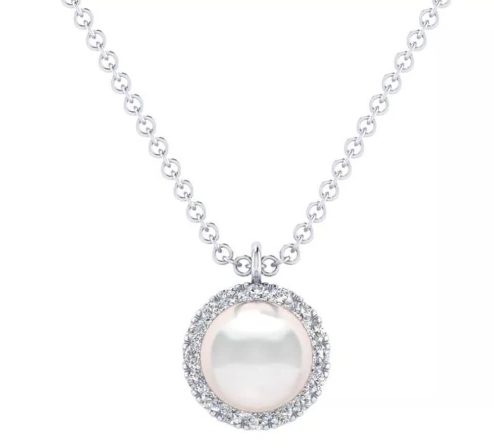 Gabriel & Co.’s 14K White Gold Cultured Pearl and Diamond Halo Pendant Necklace