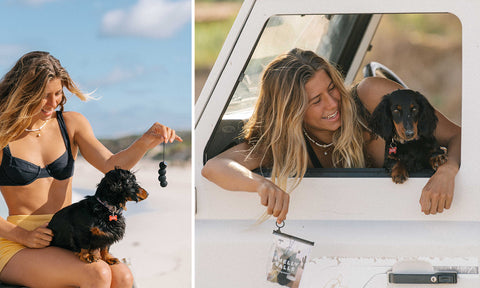 4wd on beach + women with sausage dog