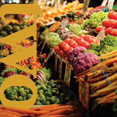 fruit and vegetables displayed inside farmers market