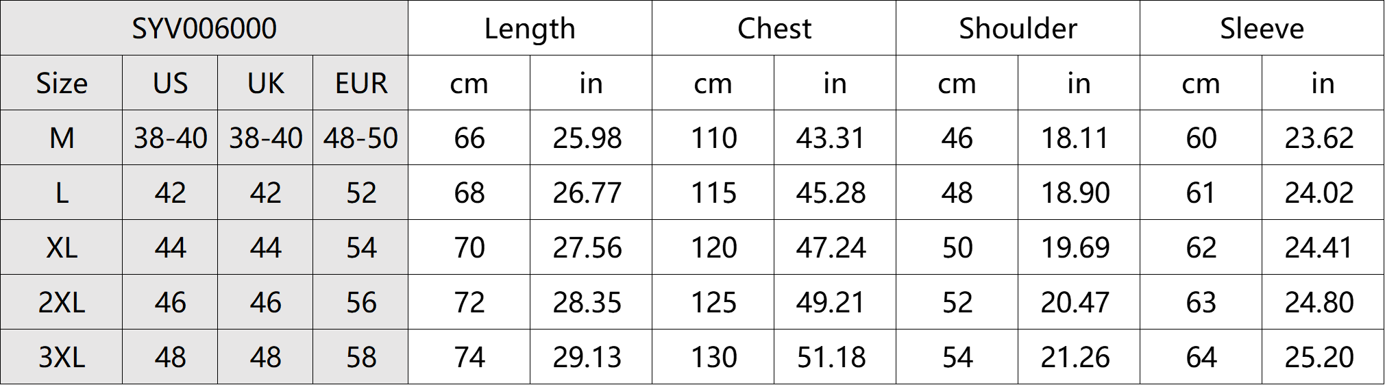 Stylish Creative Graphic Sweater Size Chart