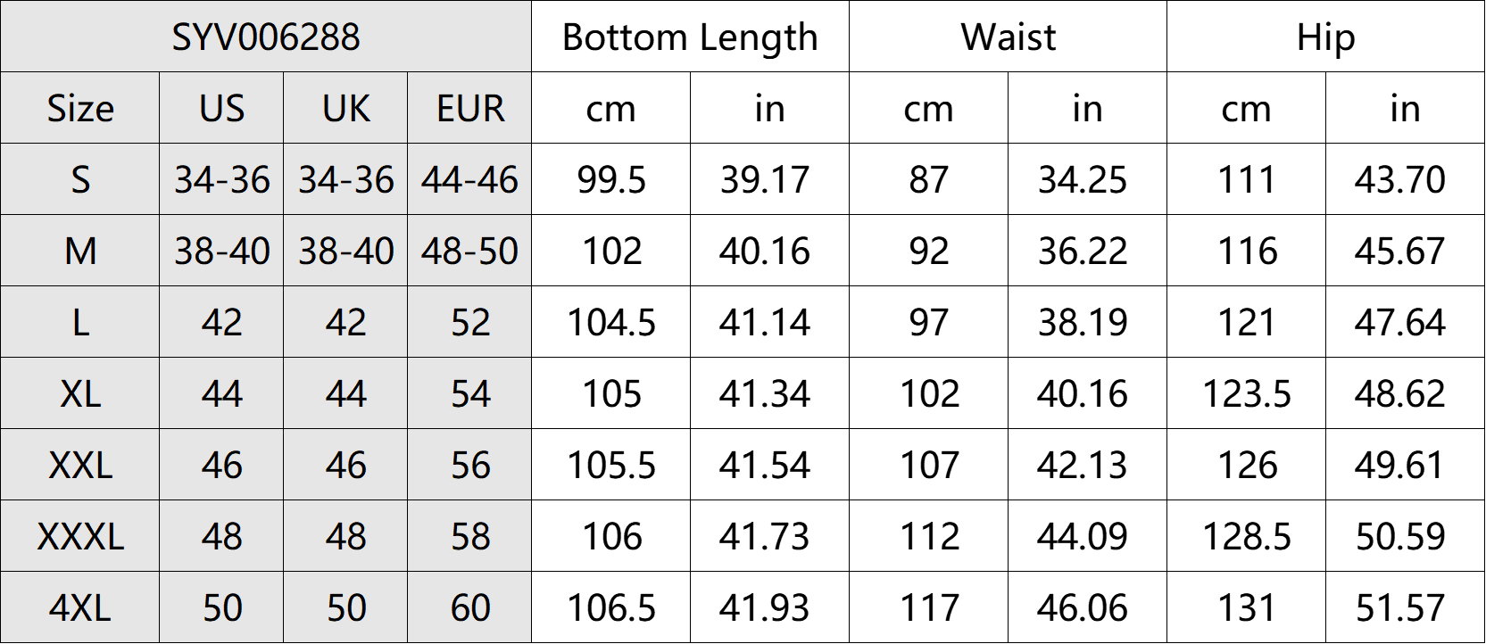 Casual Quick-dry Outdoor Pants Size Chart