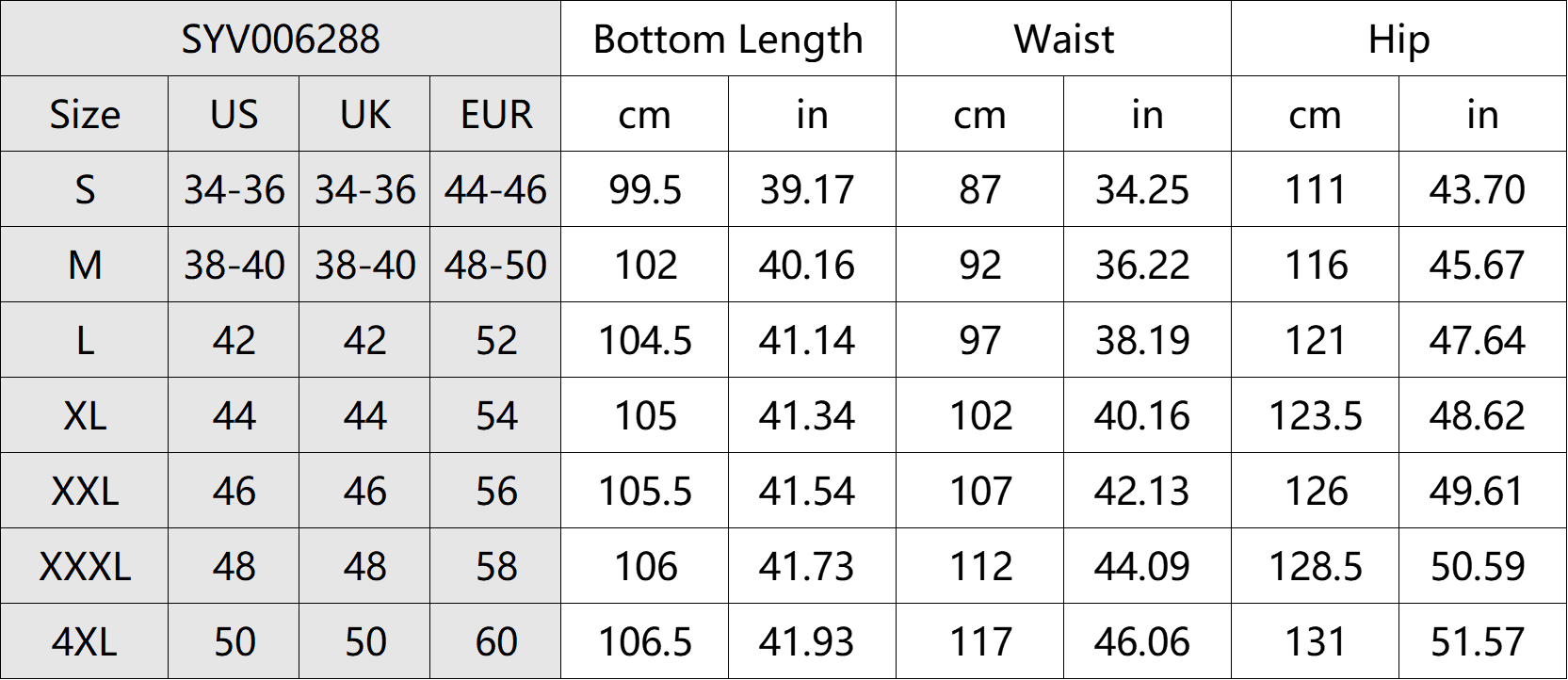 Tabella delle taglie dei pantaloni casual da esterno ad asciugatura rapida