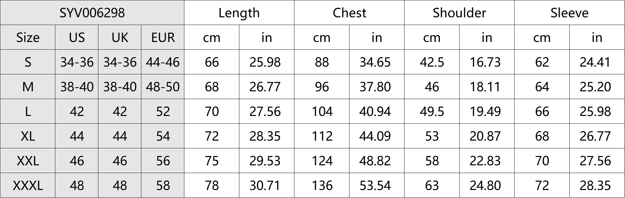 Casual Soft Knit Hoodie Size Chart