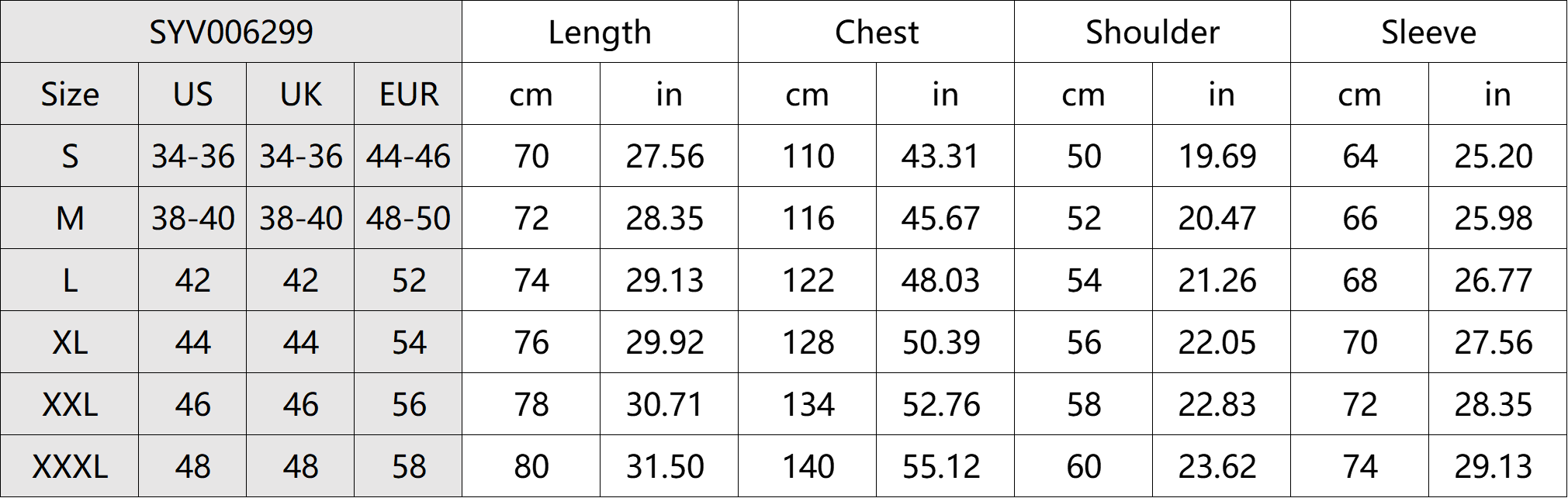 Thermal Double-sided Fleece Hooded Jacket Size Chart