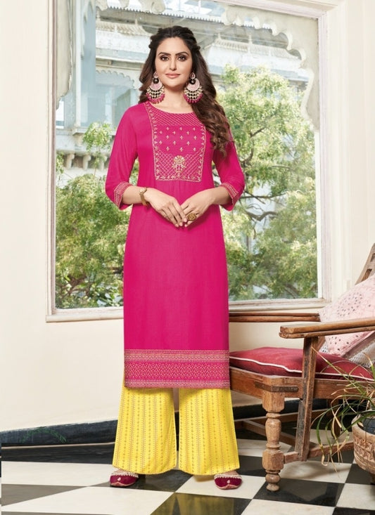 Baby Pink and Grey Cotton Kurti with Palazzo and Dupatta – Thogai Threads