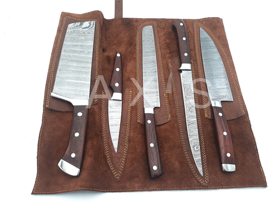 Wildrose - Damascus 5 Piece Chef Knife Set & Leather Roll – Forged