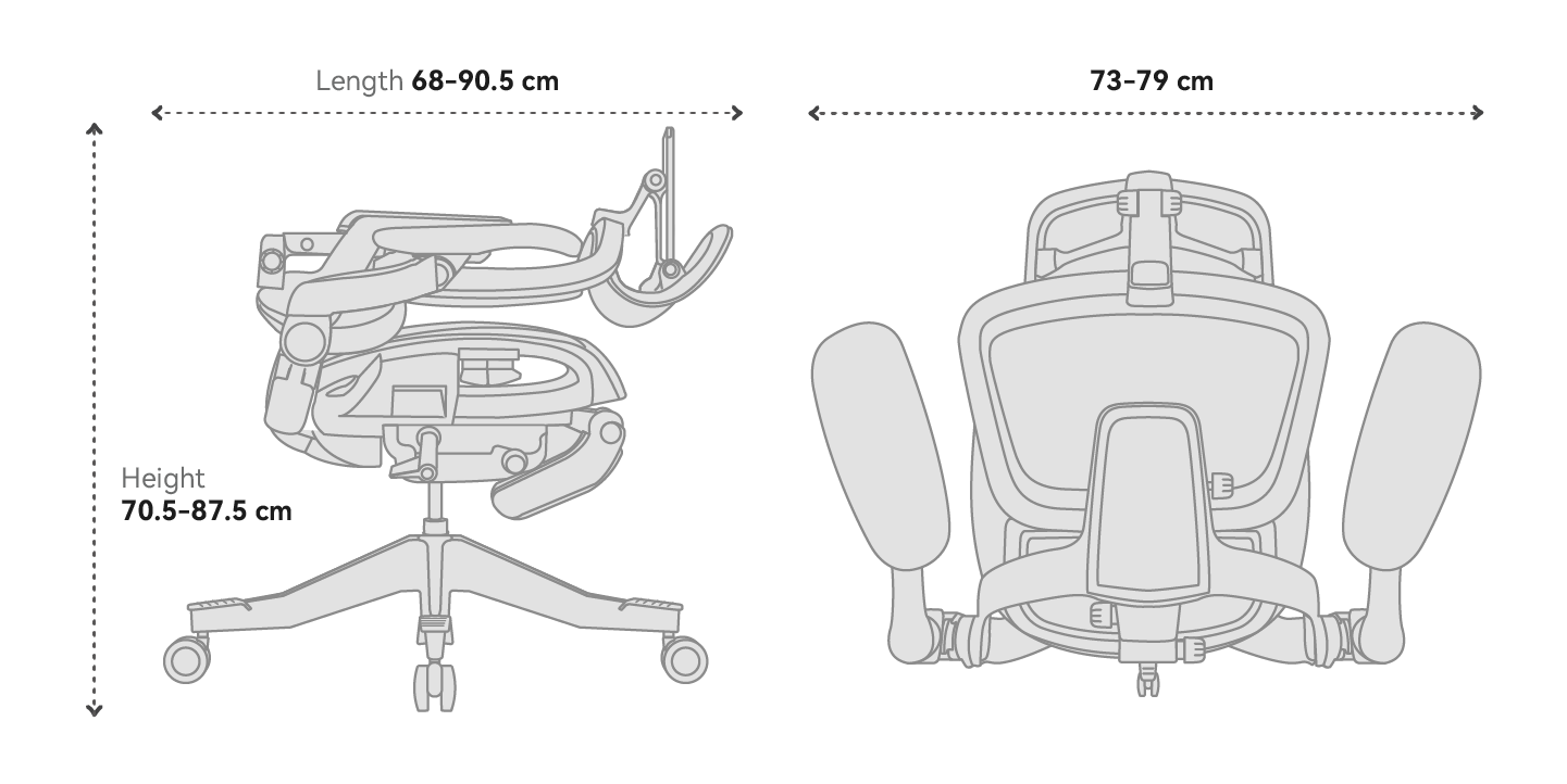 Hinomi H2 Pro ergonomic chair folded dimensions, displaying compact storage size with length, height, and width measurements.