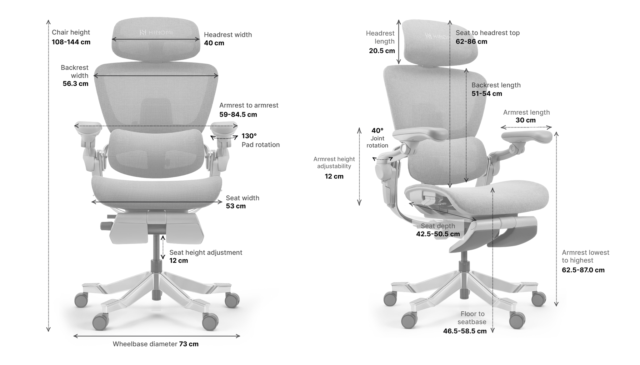 Detailed dimensions of the Hinomi H2 Pro ergonomic chair, showing adjustable height, seat width, armrest positions, and backrest length.