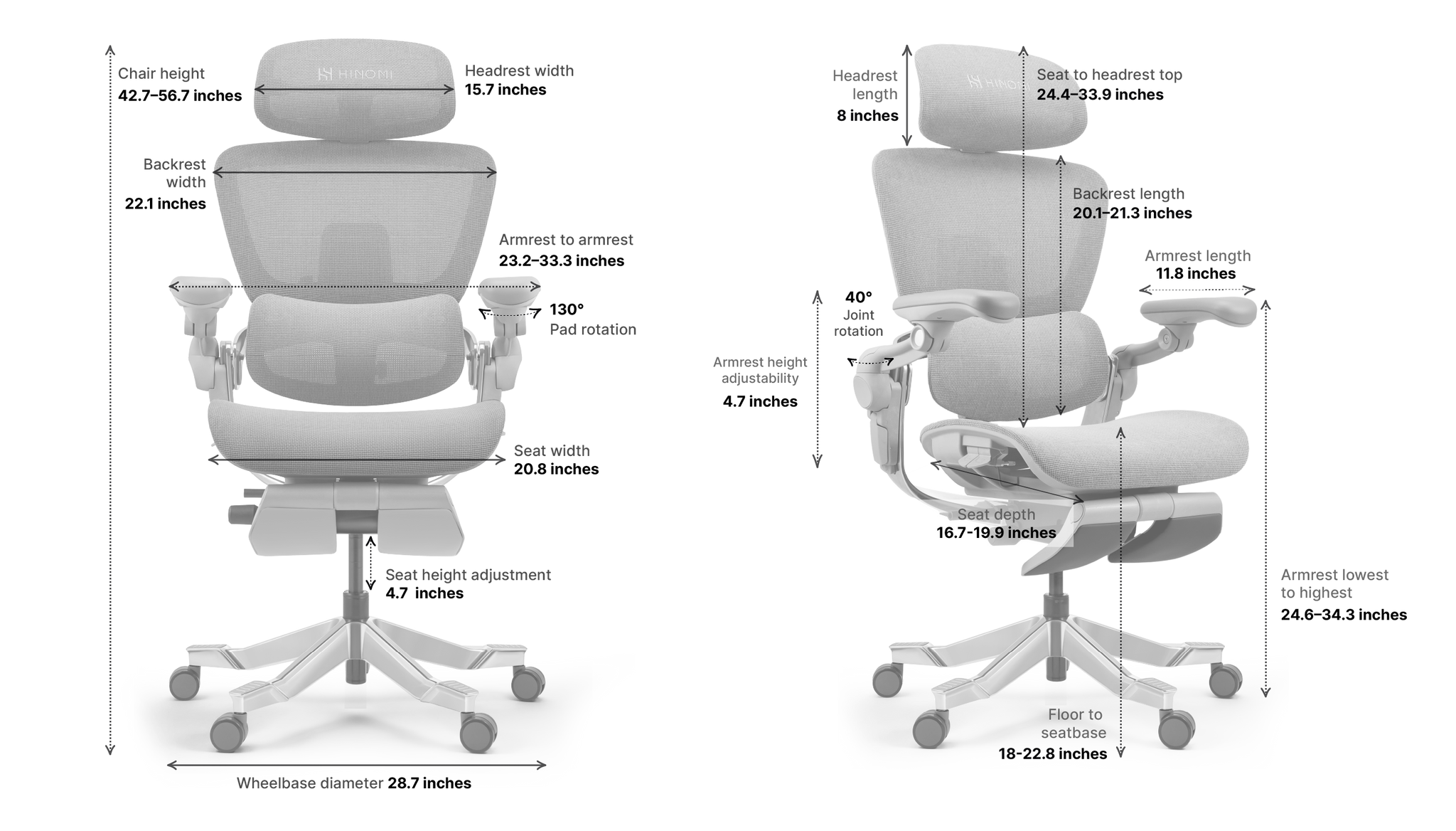 Detailed dimensions of the Hinomi H2 Pro ergonomic chair, showing adjustable height, seat width, armrest positions, and backrest length.
