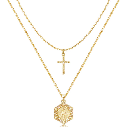 KELORIS Path Gold Layered Initial Cross Necklace, 14K Gold Plated Layering Square Letter Pendant Figaro Chain Cross Choker from A-Z Capital Jewelry