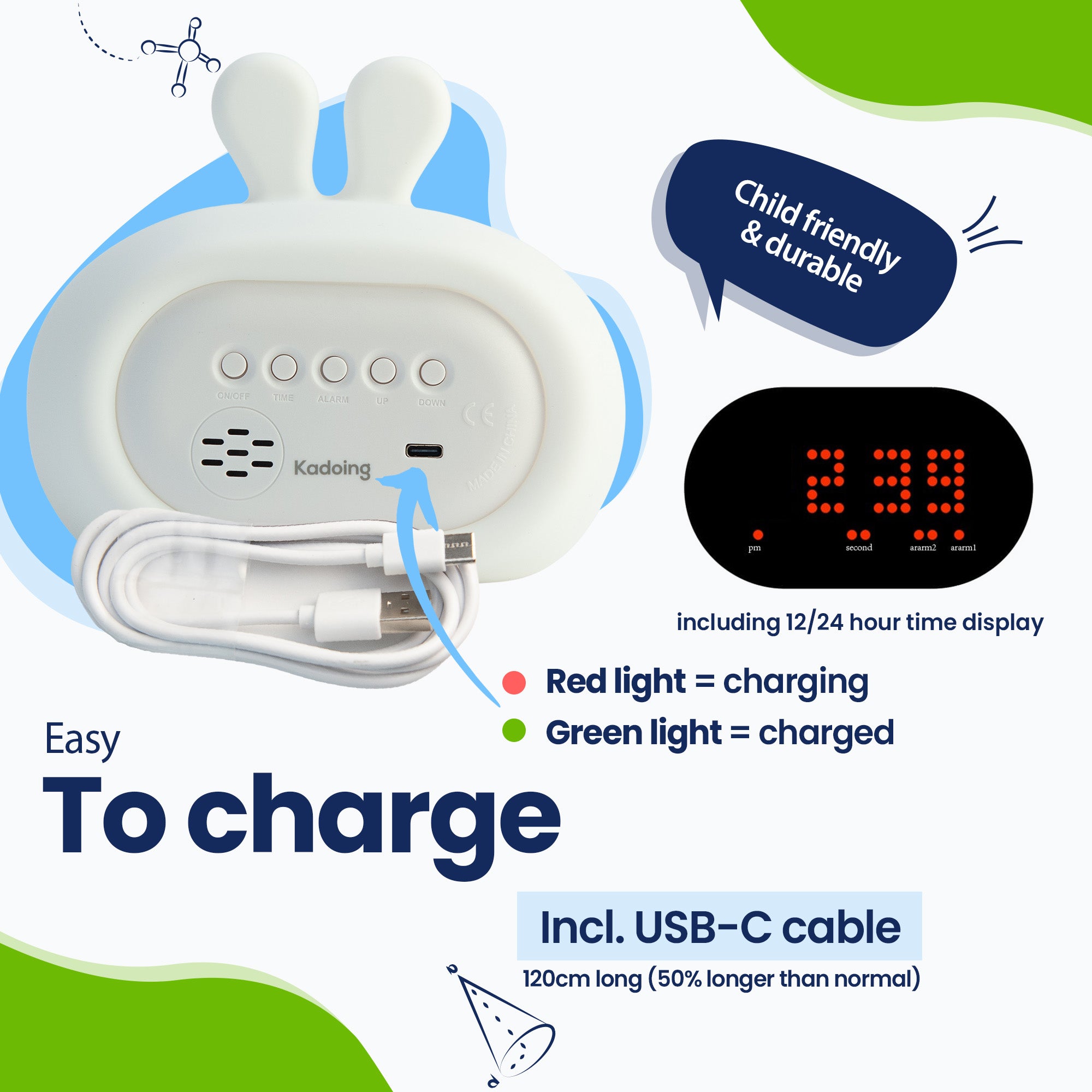 The Rabbit children's alarm clock is easy to charge. Incl. USB-C cable. Kids-proof.