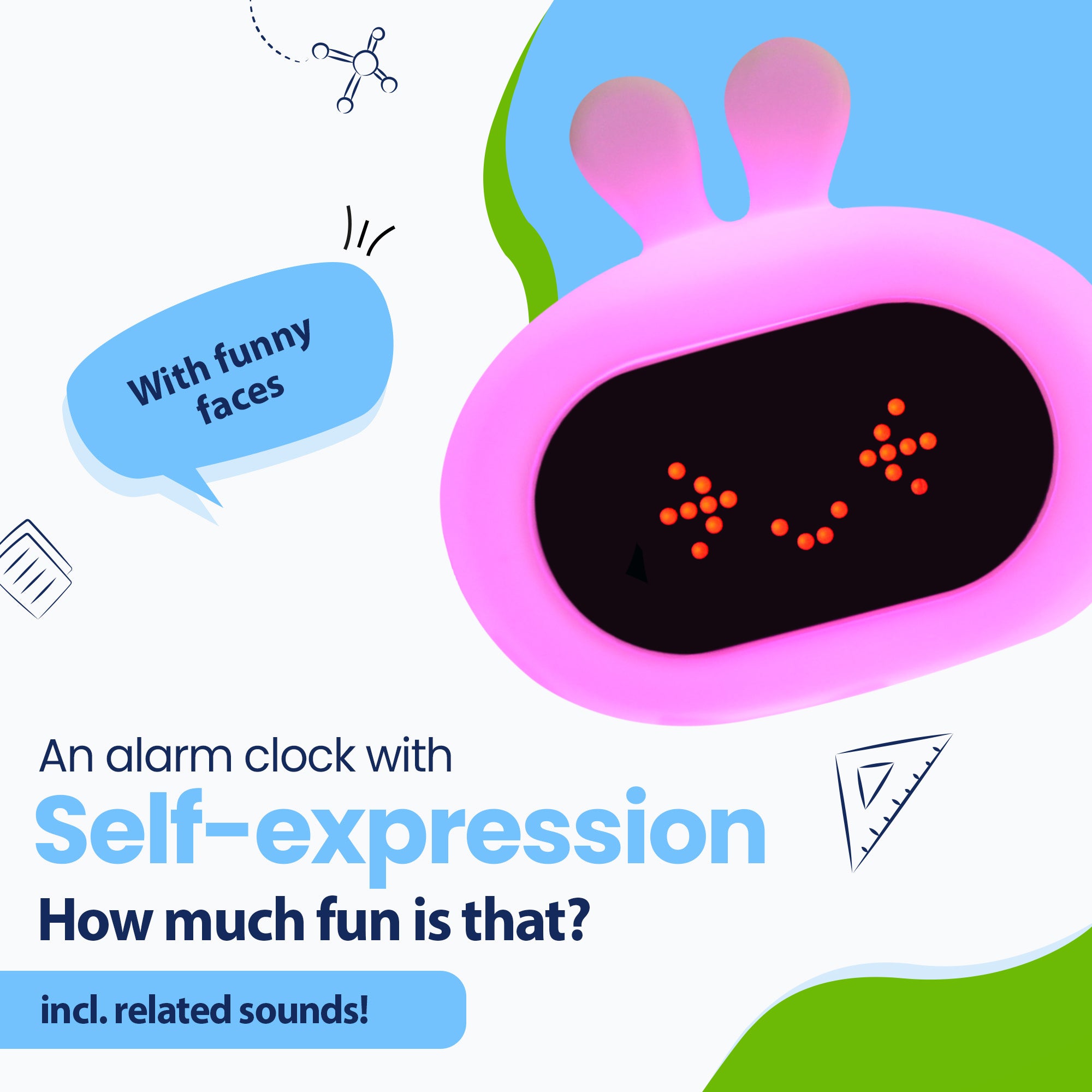 En kaninväckarklocka med emojis och galna ljud och olika ljusfärger