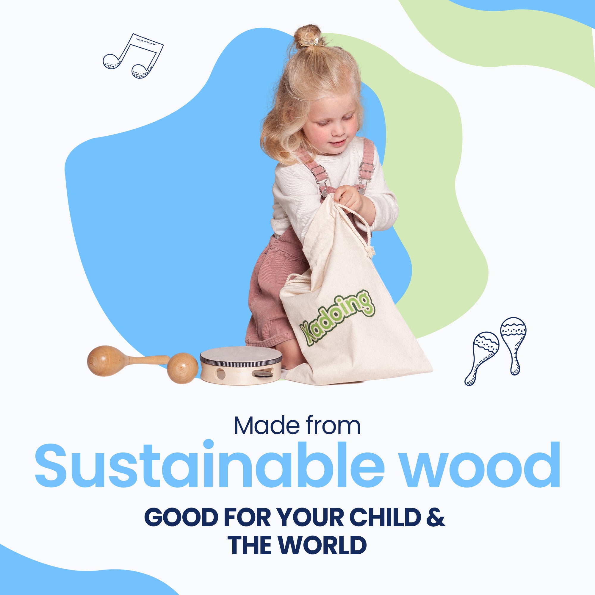 El conjunto de instrumentos musicales está fabricado de madera sostenible, como es de esperar de Kadoing.