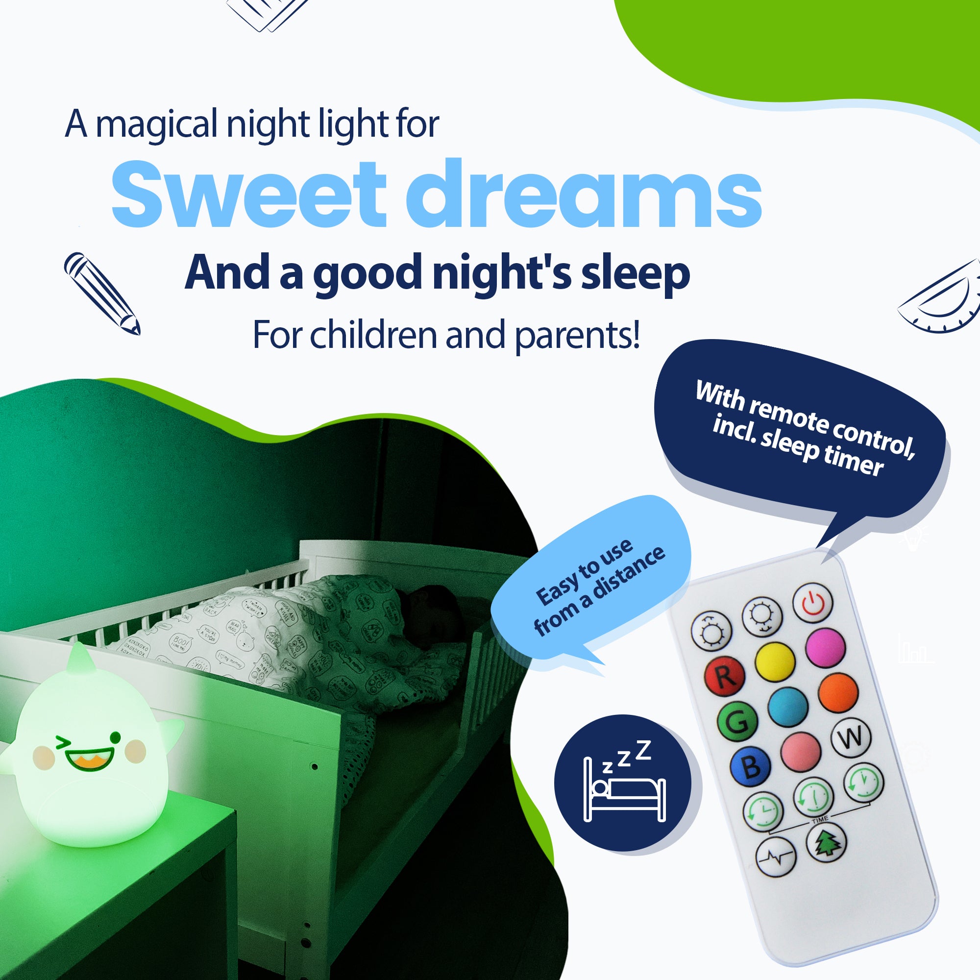 Et magisk natlys til søde drømme og en sund nattesøvn for børn og forældre - med fjernbetjening inklusive sleep-timer - nemt på afstand