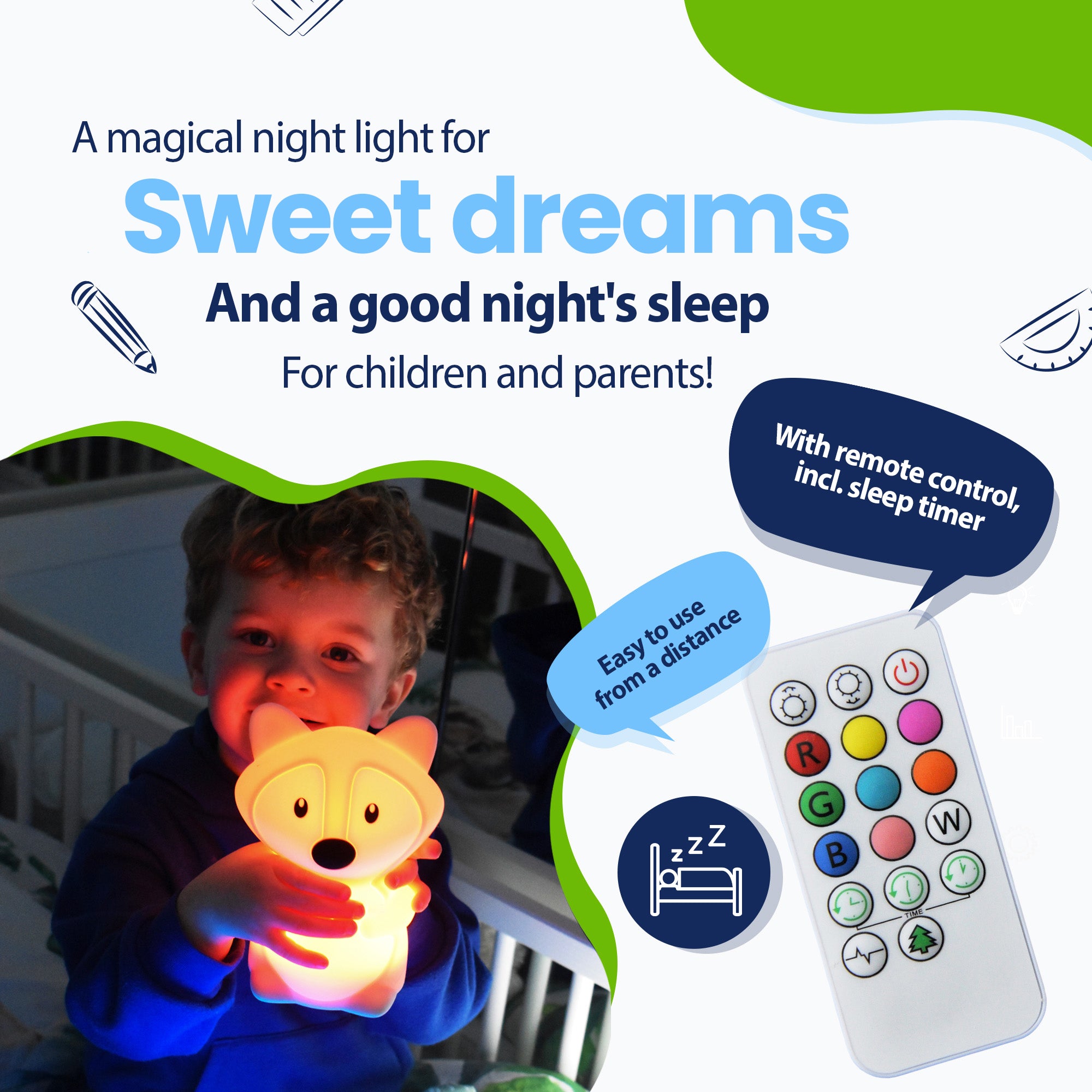 A magical night light for sweet dreams and a healthy night's sleep for children and parents - with remote control including sleep timer - easily from a distance