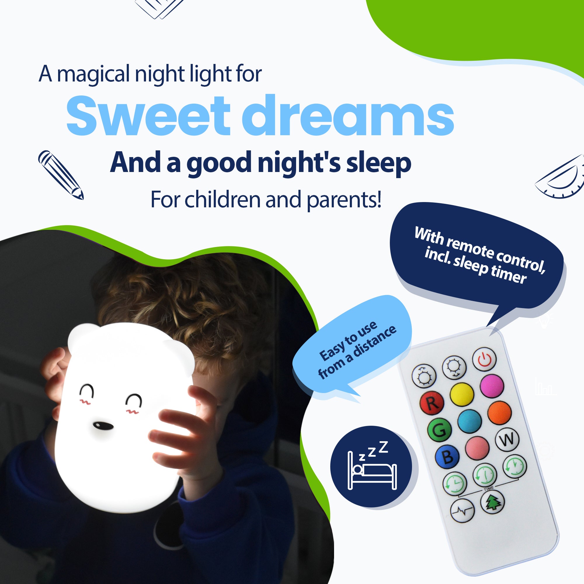 A magical night light for pleasant dreams and a healthy night's sleep for children and parents - with remote control including sleep timer - easily from a distance