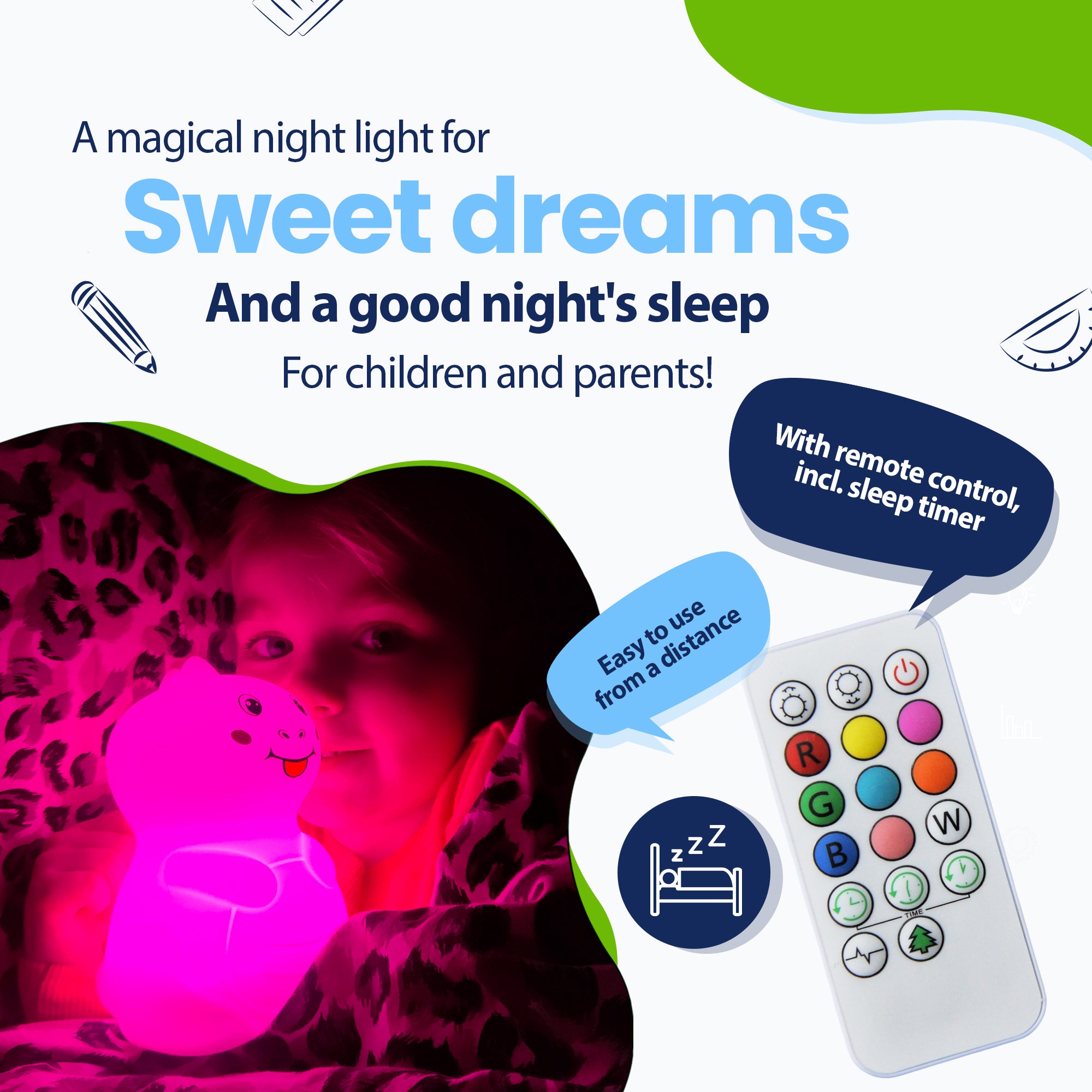 A magical night light for pleasant dreams and a healthy night's sleep for children and parents - with remote control including sleep timer - easily from a distance