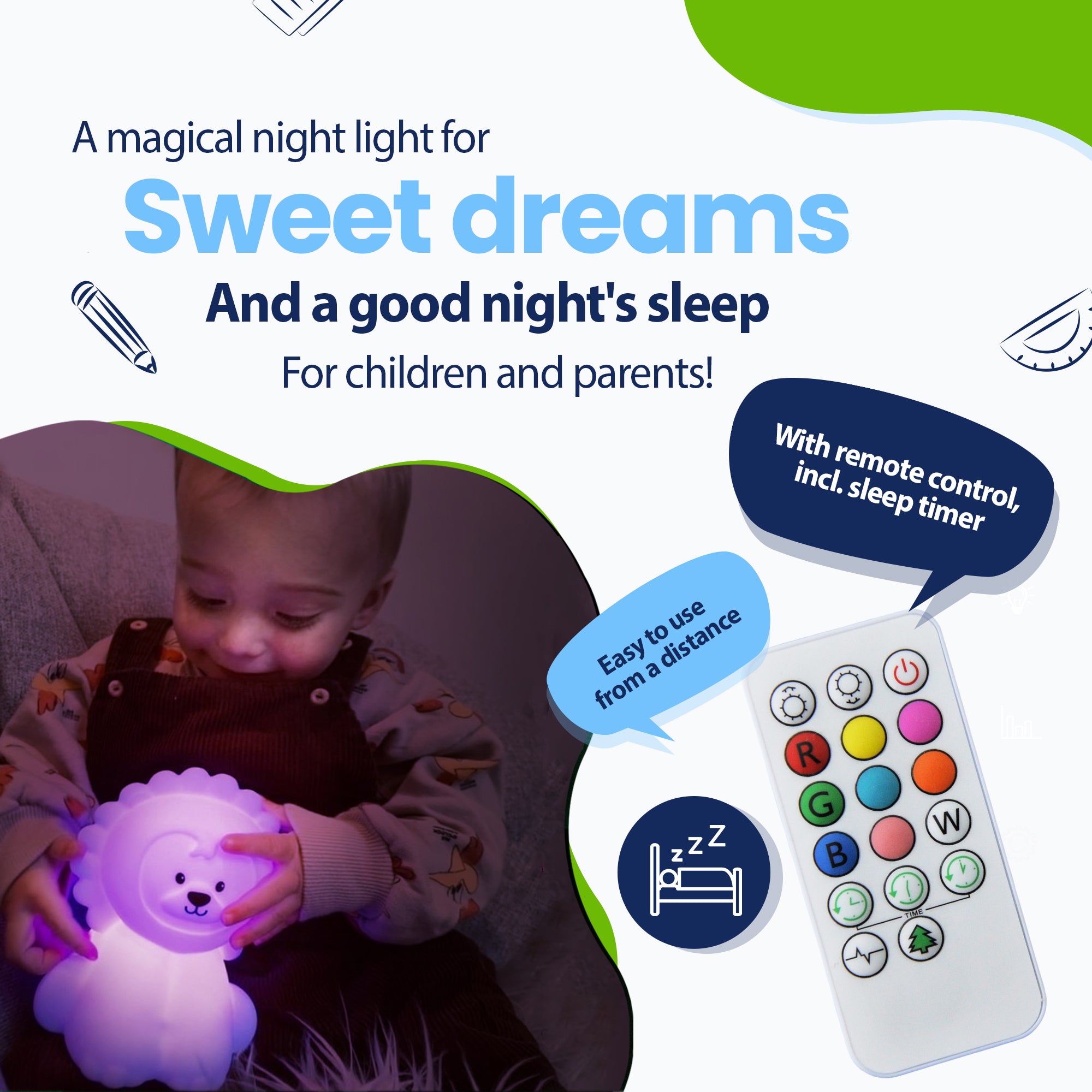 A magical night light for pleasant dreams and a healthy night's sleep for children and parents - with remote control including sleep timer - easily from a distance