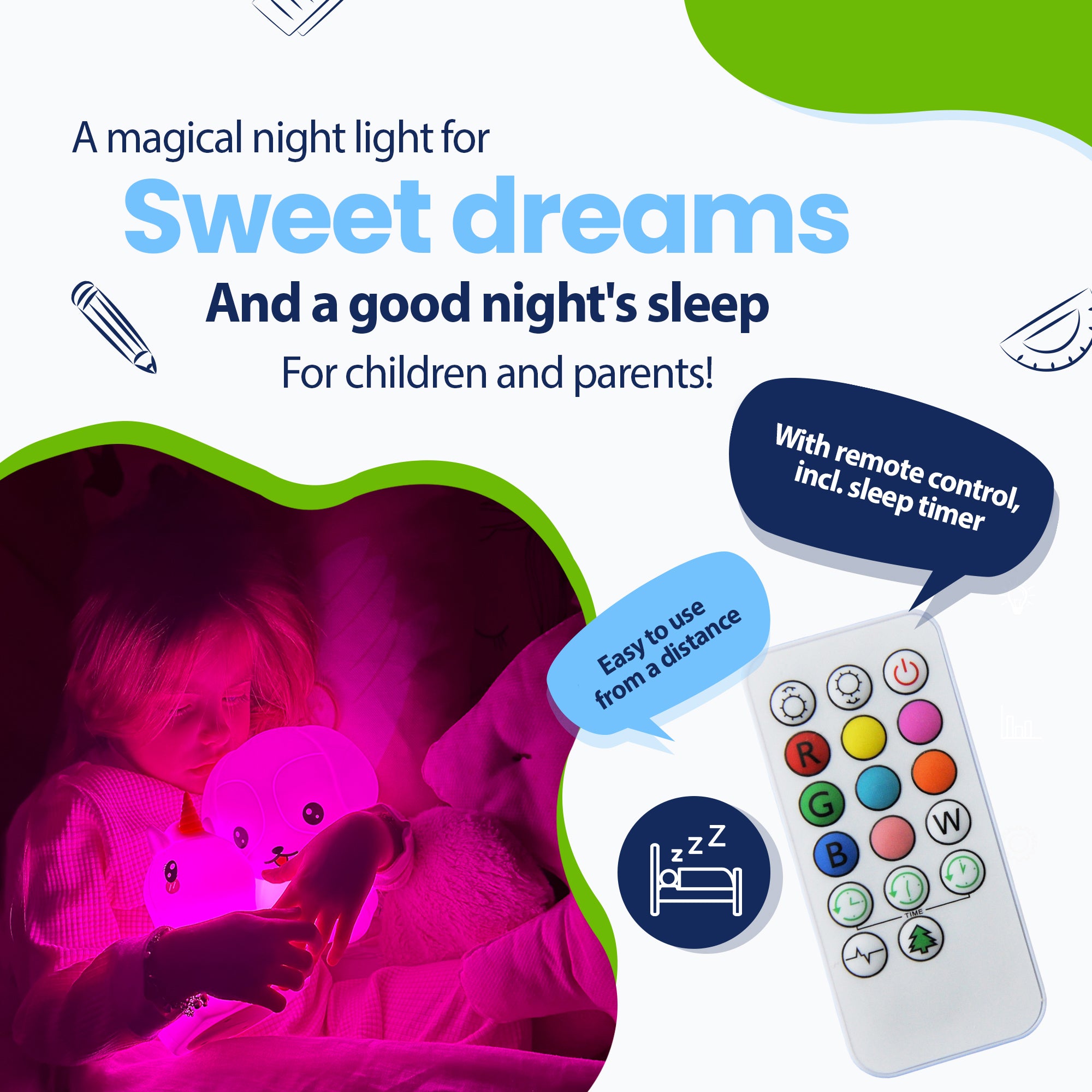 A magical night light for pleasant dreams and a healthy night's sleep for children and parents - with remote control including sleep timer - easily from a distance