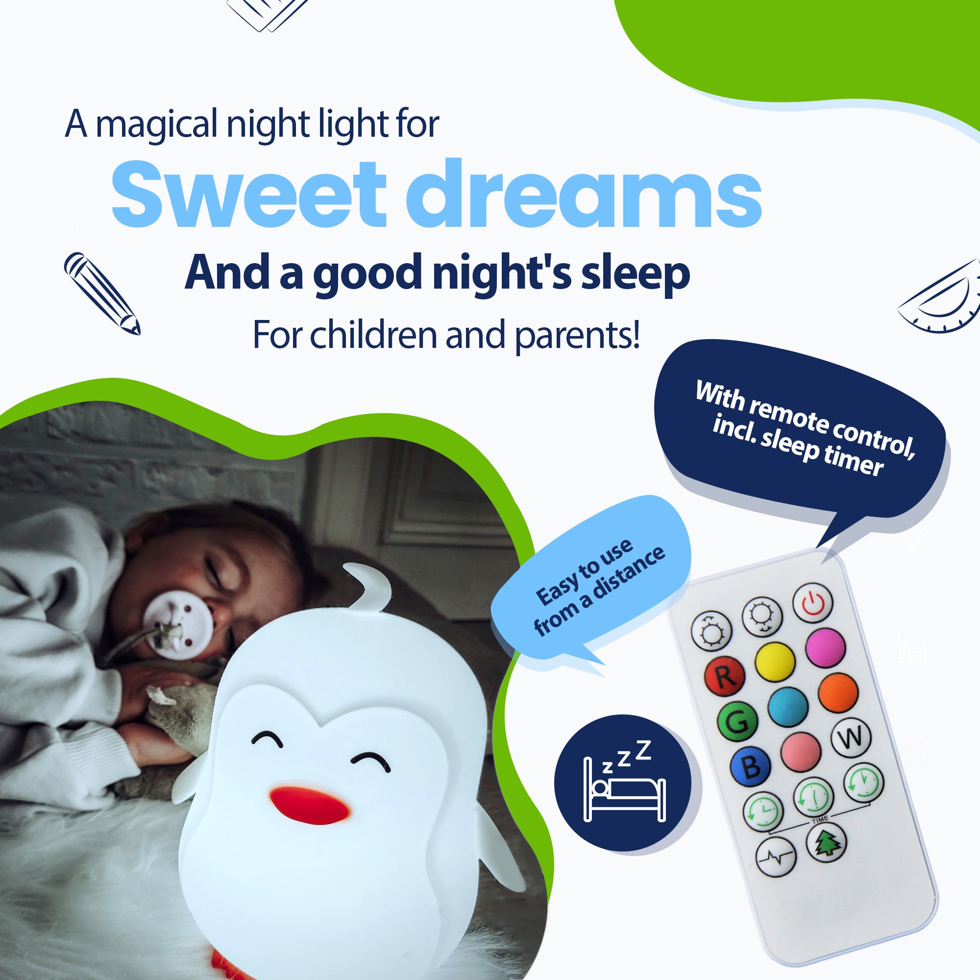 A magical night light for sweet dreams and a healthy night's sleep for children and parents - with remote control including sleep timer - easily from a distance