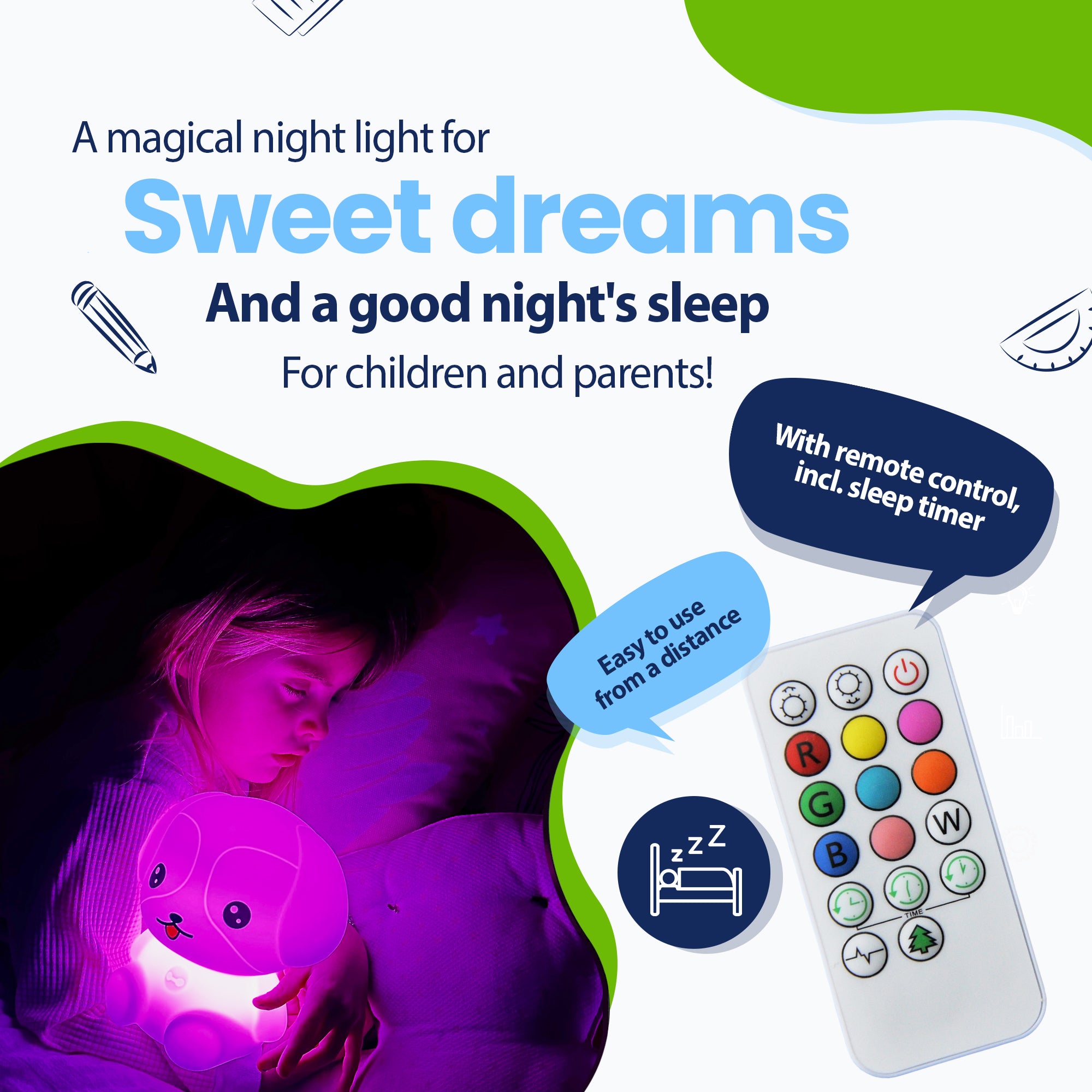 En magisk nattlampa för söta drömmar och en hälsosam nattsömn för barn och föräldrar - med fjärrkontroll inklusive insomningstimer - enkelt på avstånd
