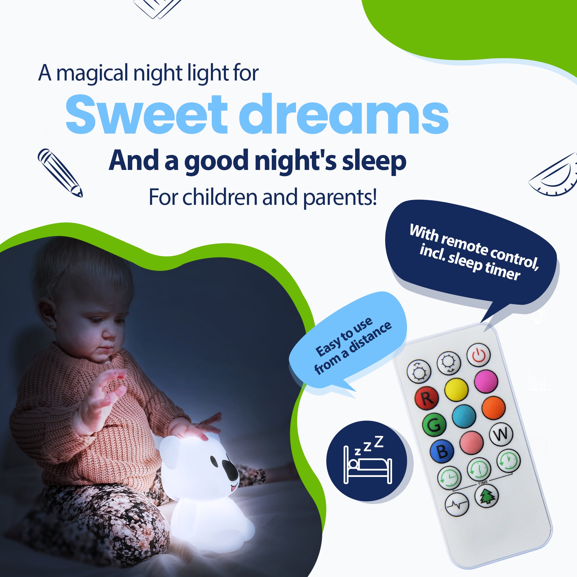 A magical night light for pleasant dreams and a healthy night's sleep for children and parents - with remote control including sleep timer - easily from a distance