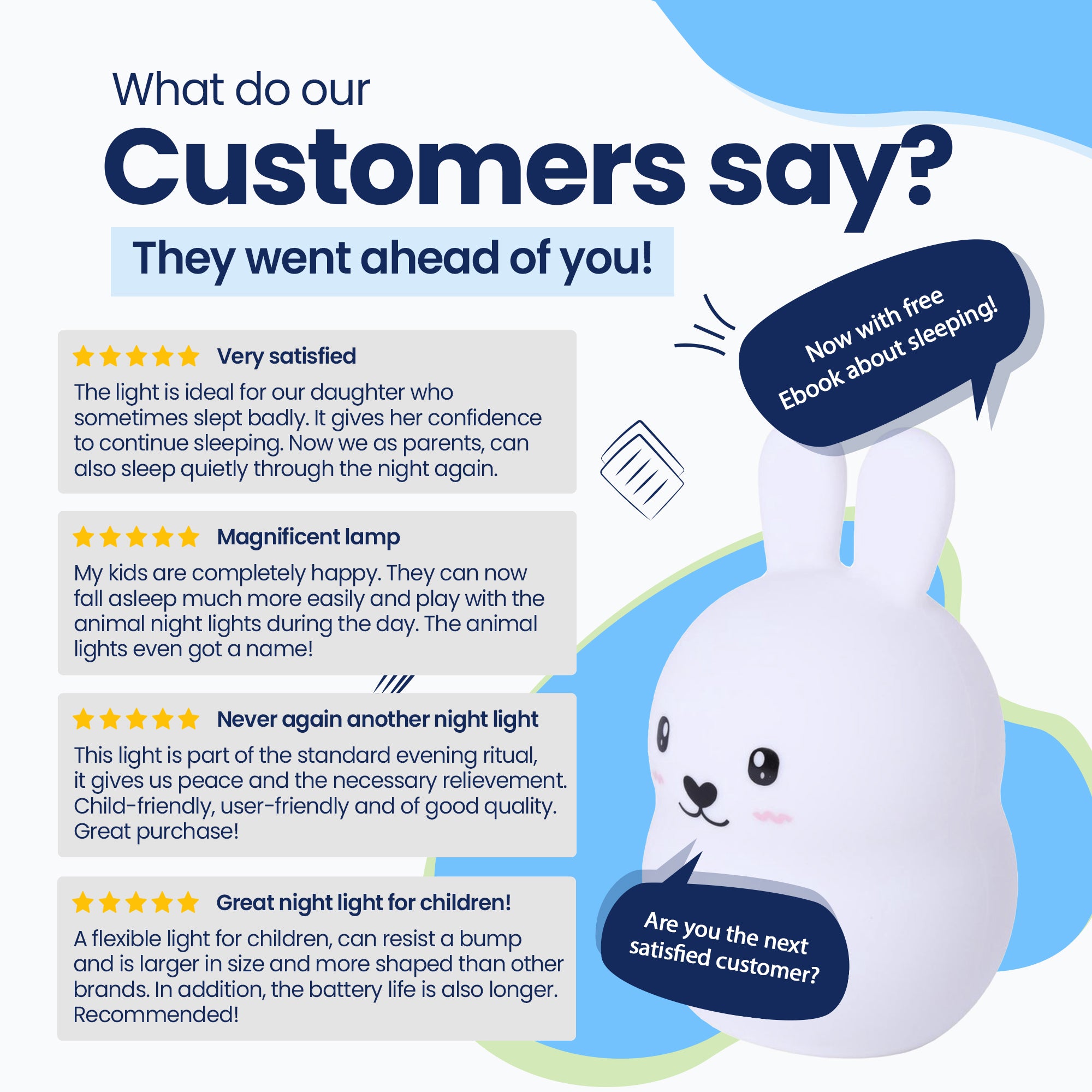 What do our customers say? - They went before you! - Very satisfied - Beautiful lamp - Never again - Super lamp for children! - Now with free E-book about sleeping! - Are you the next satisfied customer?