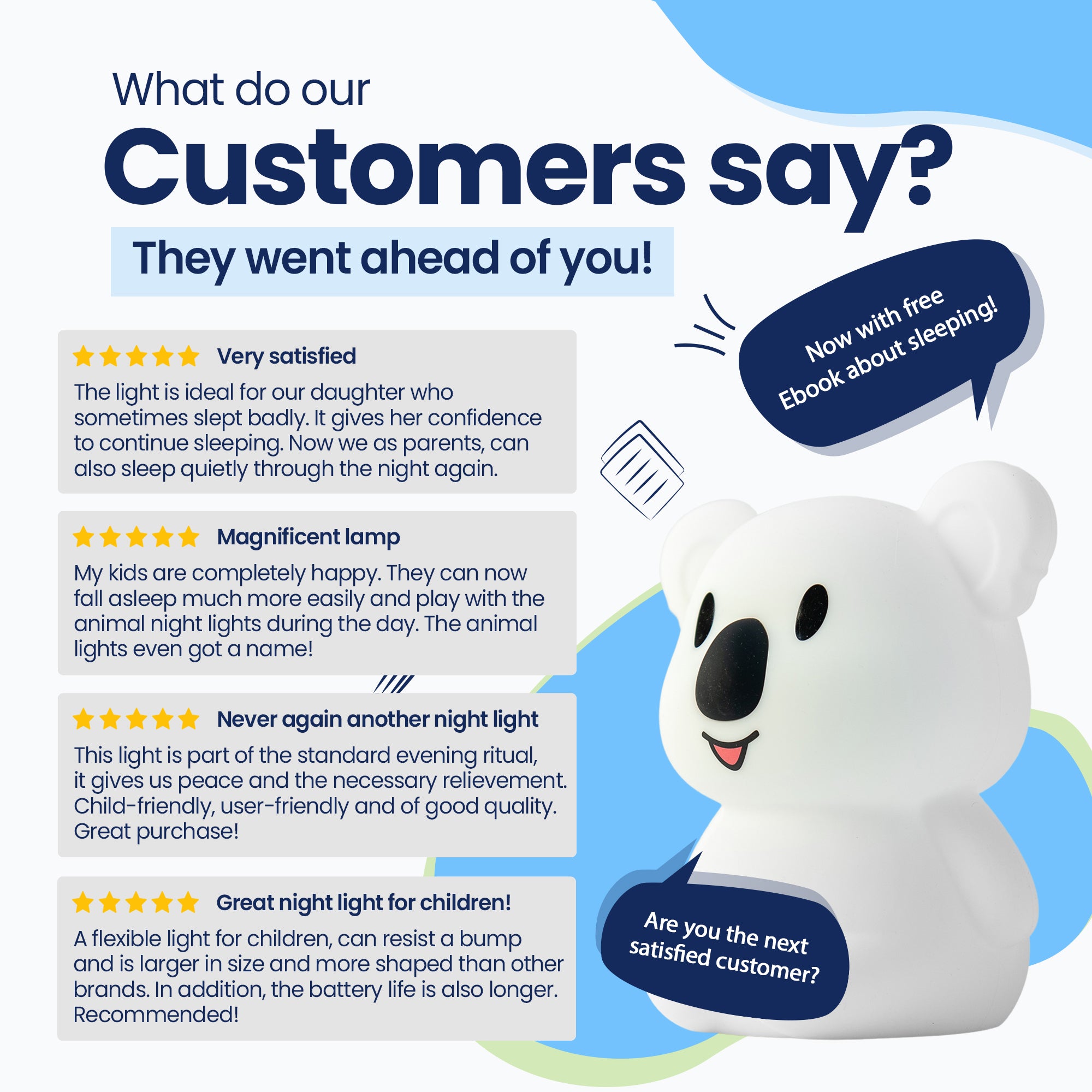What do our customers say? - They went before you! - Very satisfied - Beautiful lamp - Never again - Super lamp for children! - Now with free E-book about sleeping! - Are you the next satisfied customer?