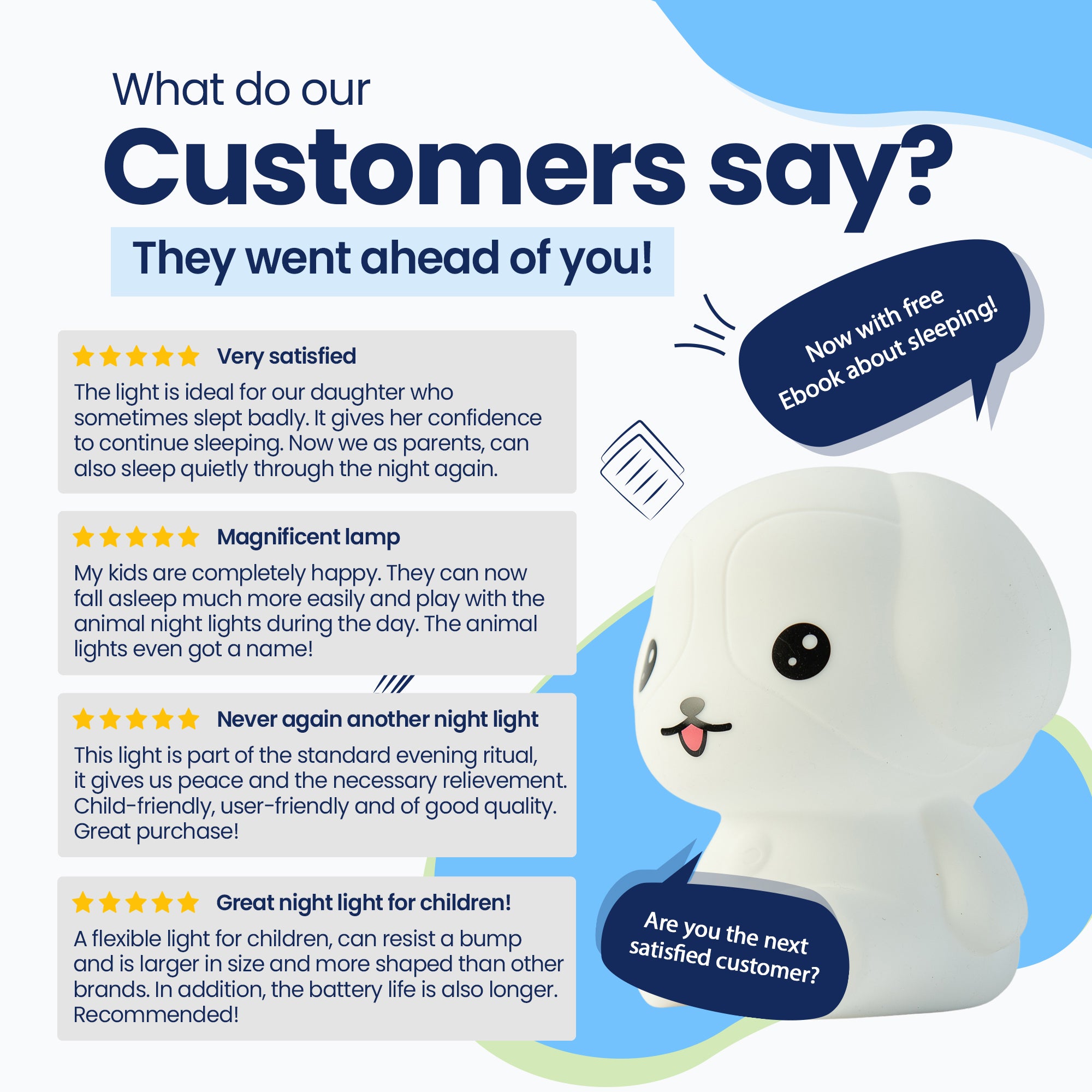 What do our customers say? - They went before you! - Very satisfied - Beautiful lamp - Never again - Super lamp for children! - Now with free E-book about sleeping! - Are you the next satisfied customer?