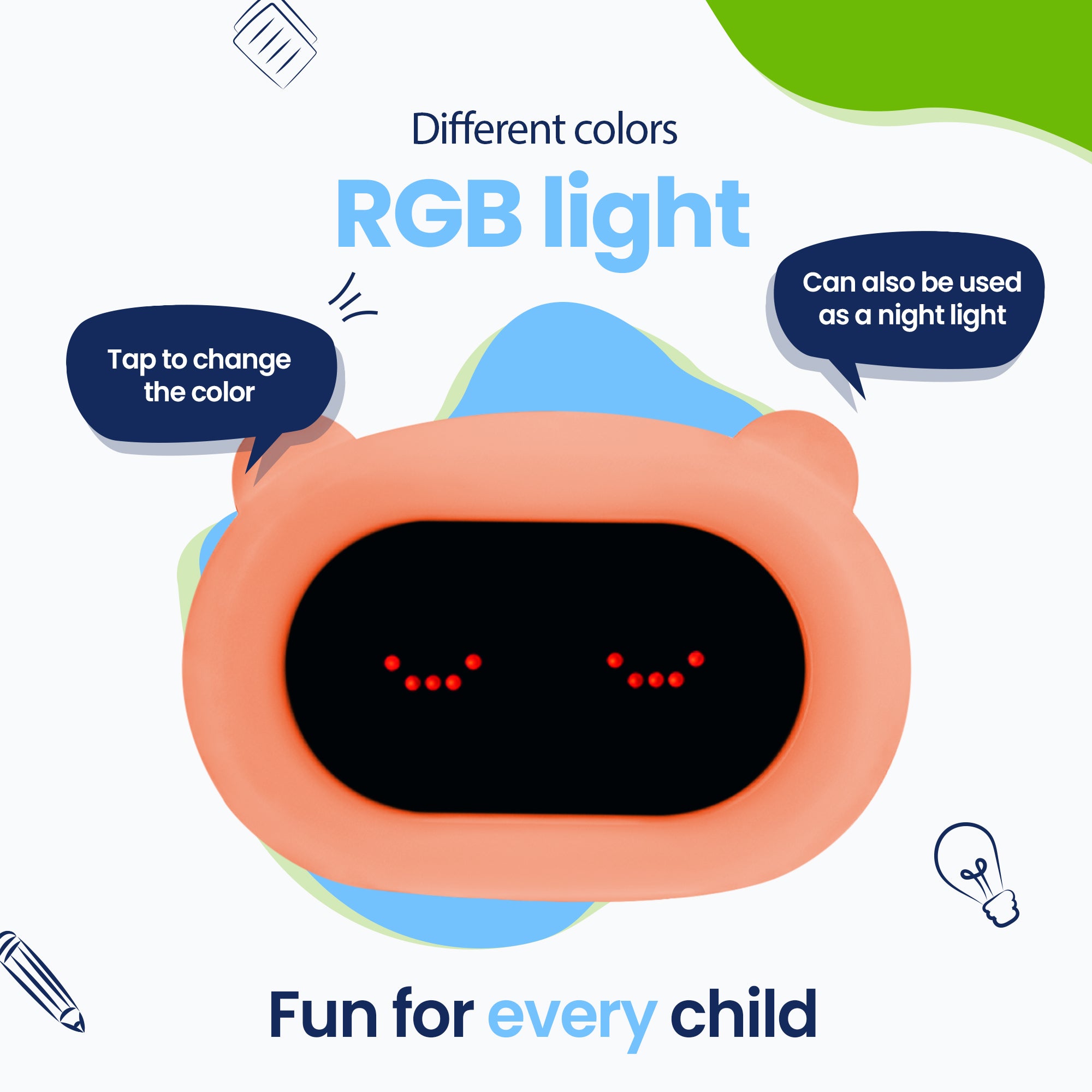 Diferentes cores de luz RGB. Toque para mudar a cor! Também pode ser usado como luz noturna. Diversão para todas as crianças.