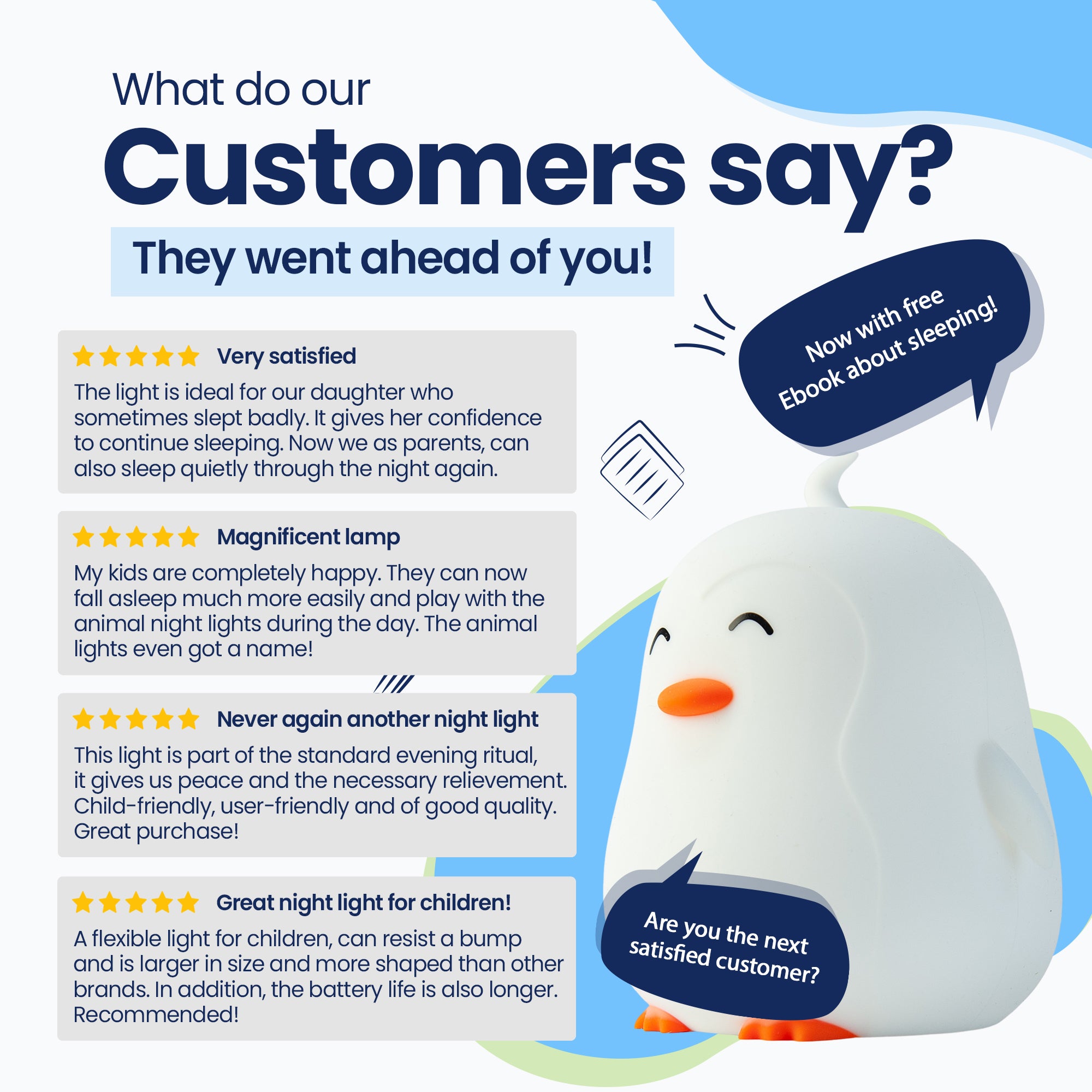 What do our customers say? - They went before you! - Very satisfied - Beautiful lamp - Never again - Super lamp for children! - Now with free E-book about sleeping! - Are you the next satisfied customer?