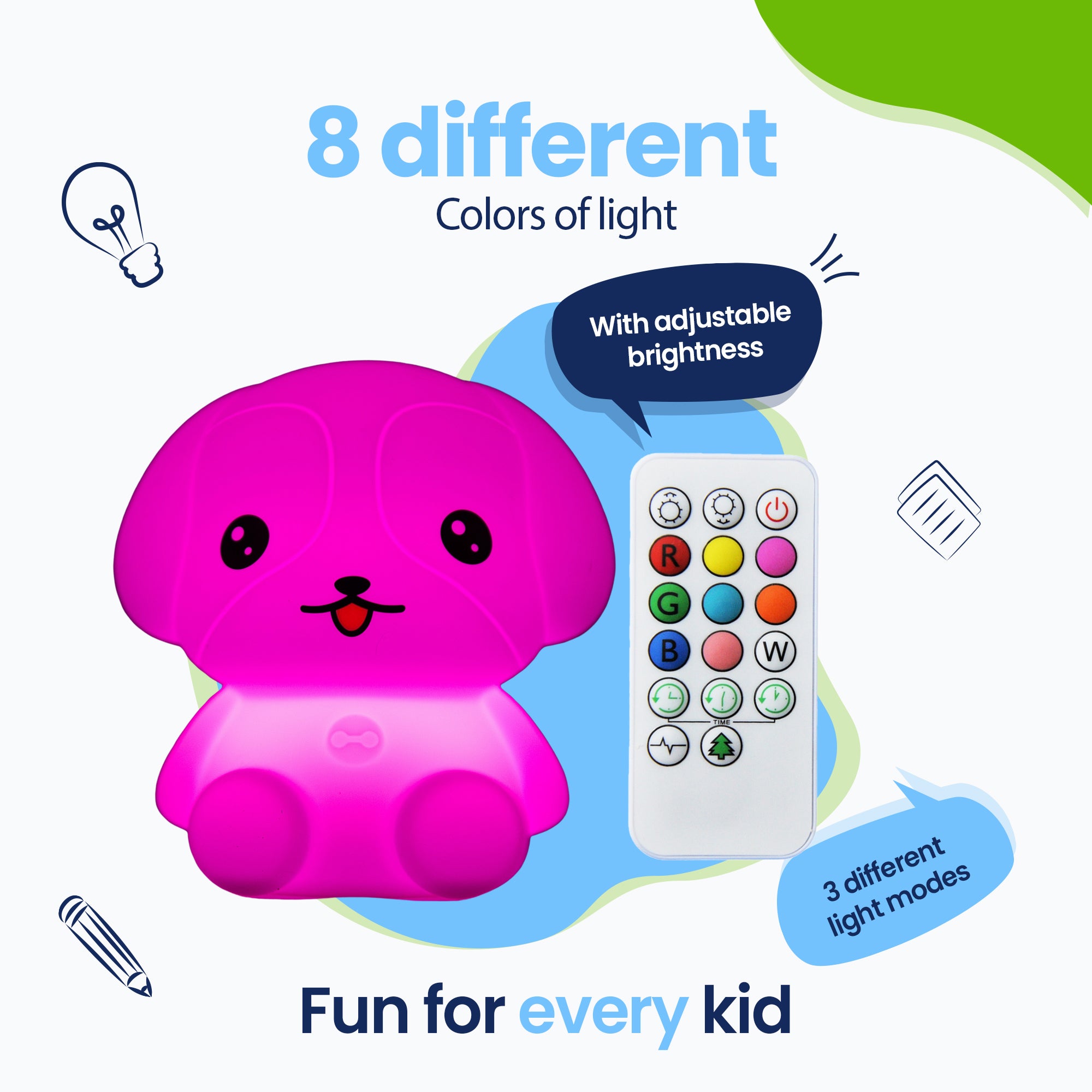 8 cores diferentes de luz - 3 modos de luz diferentes - Diversão para todas as crianças