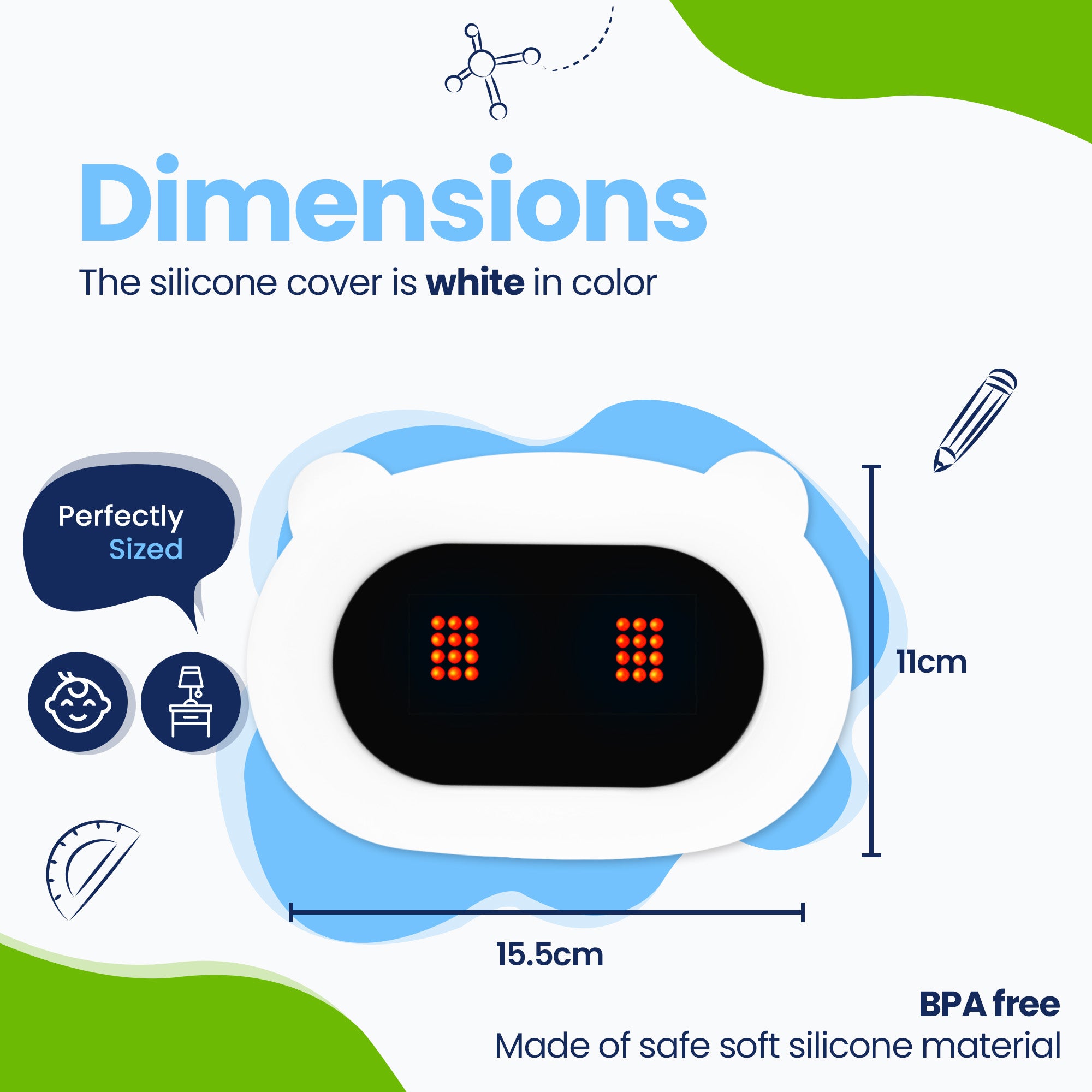 Dimensions. Perfect size. BPA-free. Made of safe soft silicone material