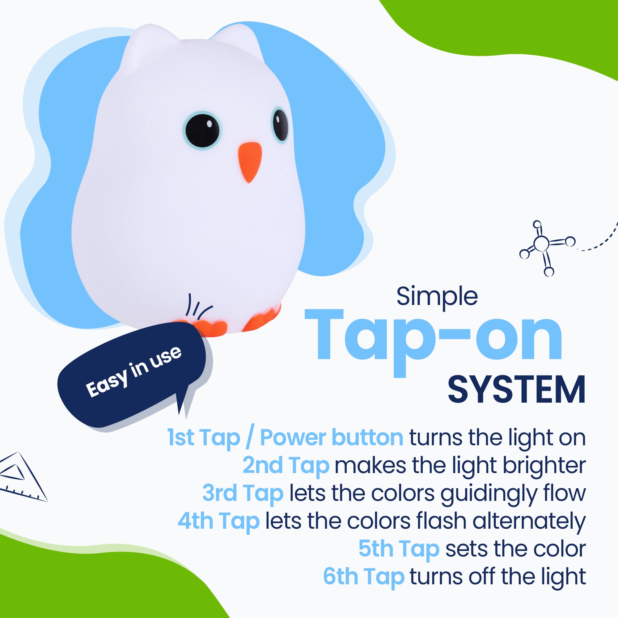 Enkelt Tap-on-system - Lätt att använda - tänd ljuset - gör ljuset ljusare - låt färgerna flöda - omväxlande blinka färger - fixa färgen - släck färgen