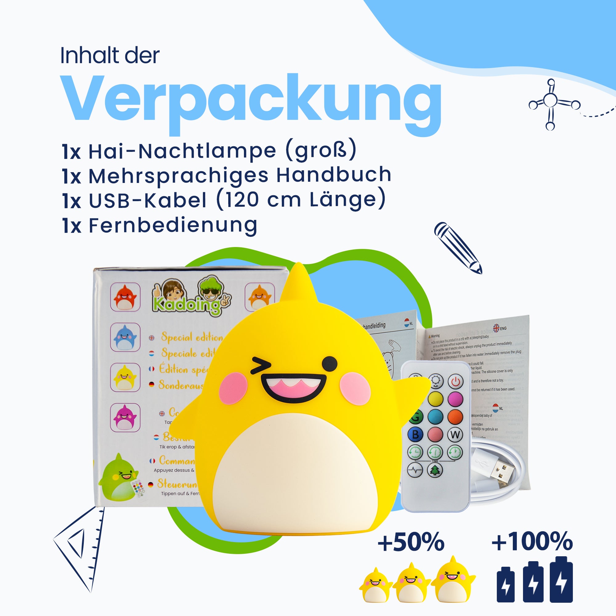 Packungsinhalt – Baby Shark Nachtlampe (groß) – mehrsprachiges Handbuch – USB-Kabel (120 cm Länge) – Fernbedienung