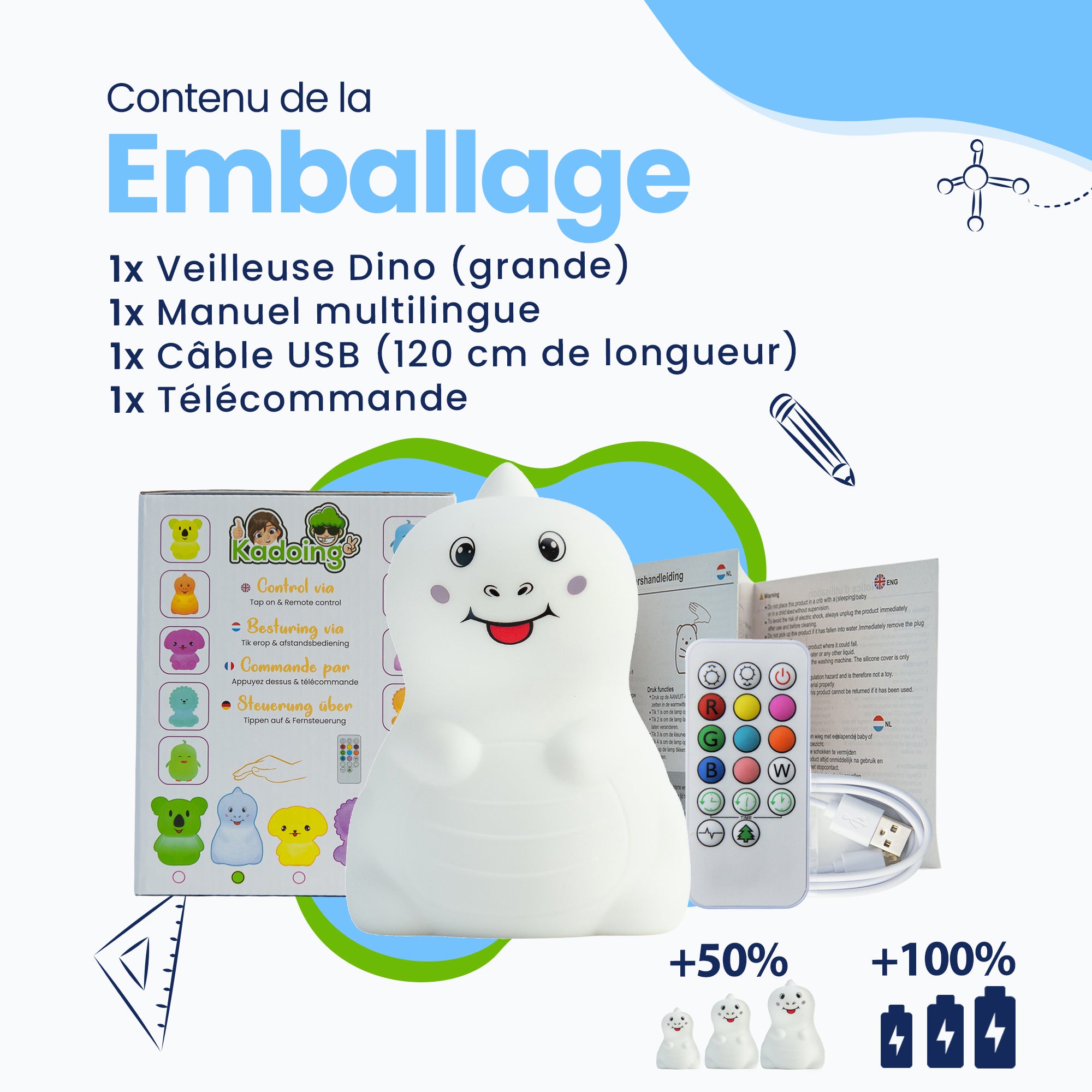 Contenu de l'emballage - Veilleuse Dino (grande) - Manuel multilingue - Câble USB (longueur 120 cm) - Télécommande