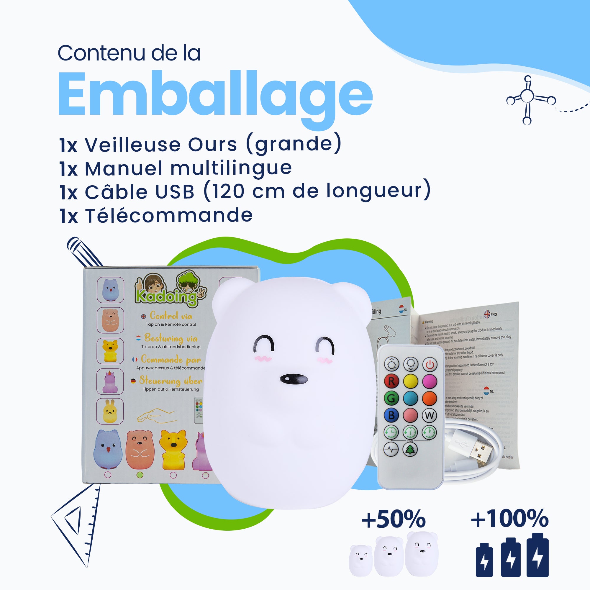 Contenu de l'emballage - Veilleuse Ours (grande) - Manuel multilingue - Câble USB (longueur 120 cm) - Télécommande