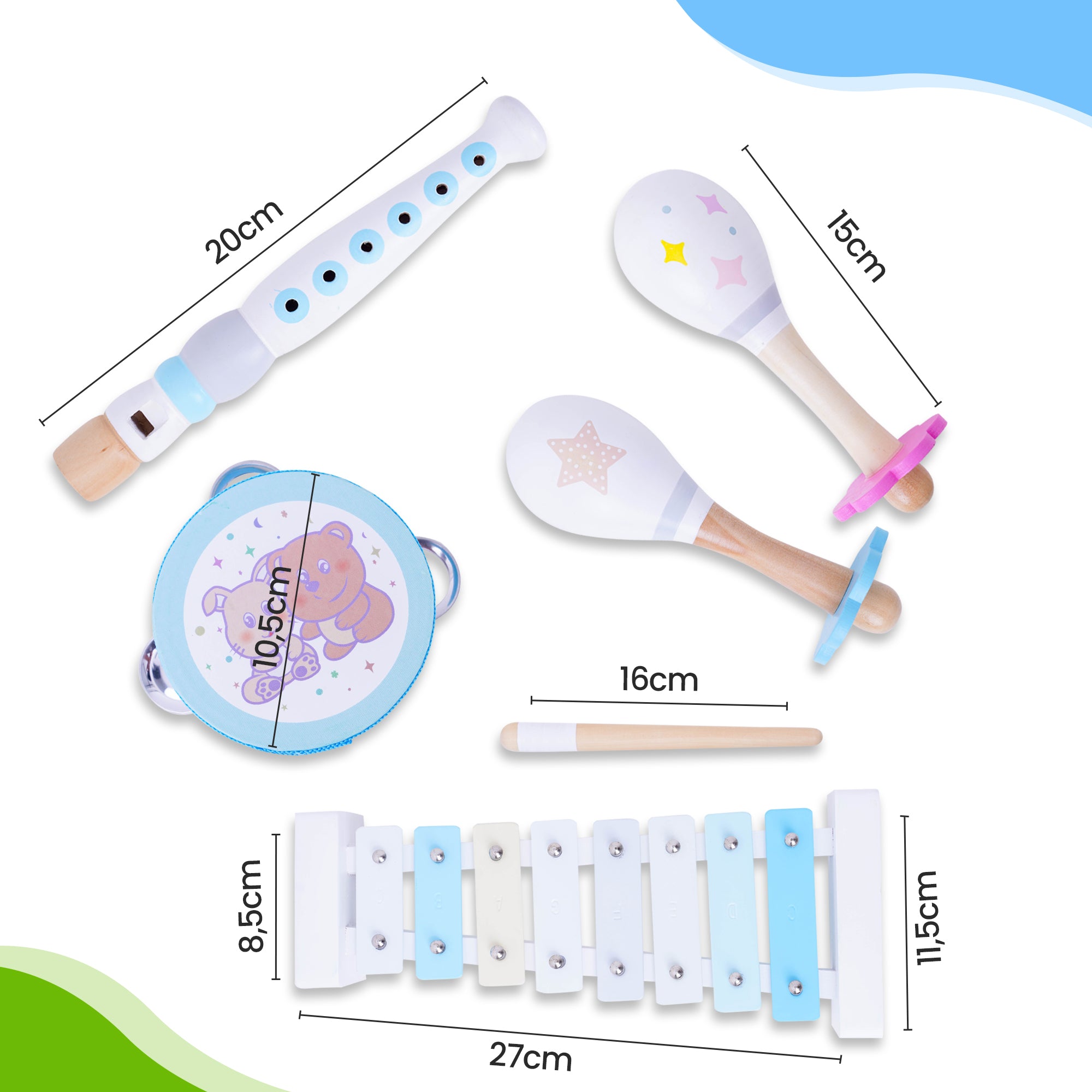 Dimensiones - Flauta dulce - Pandereta - Sonajero - Xilófono - Baqueta