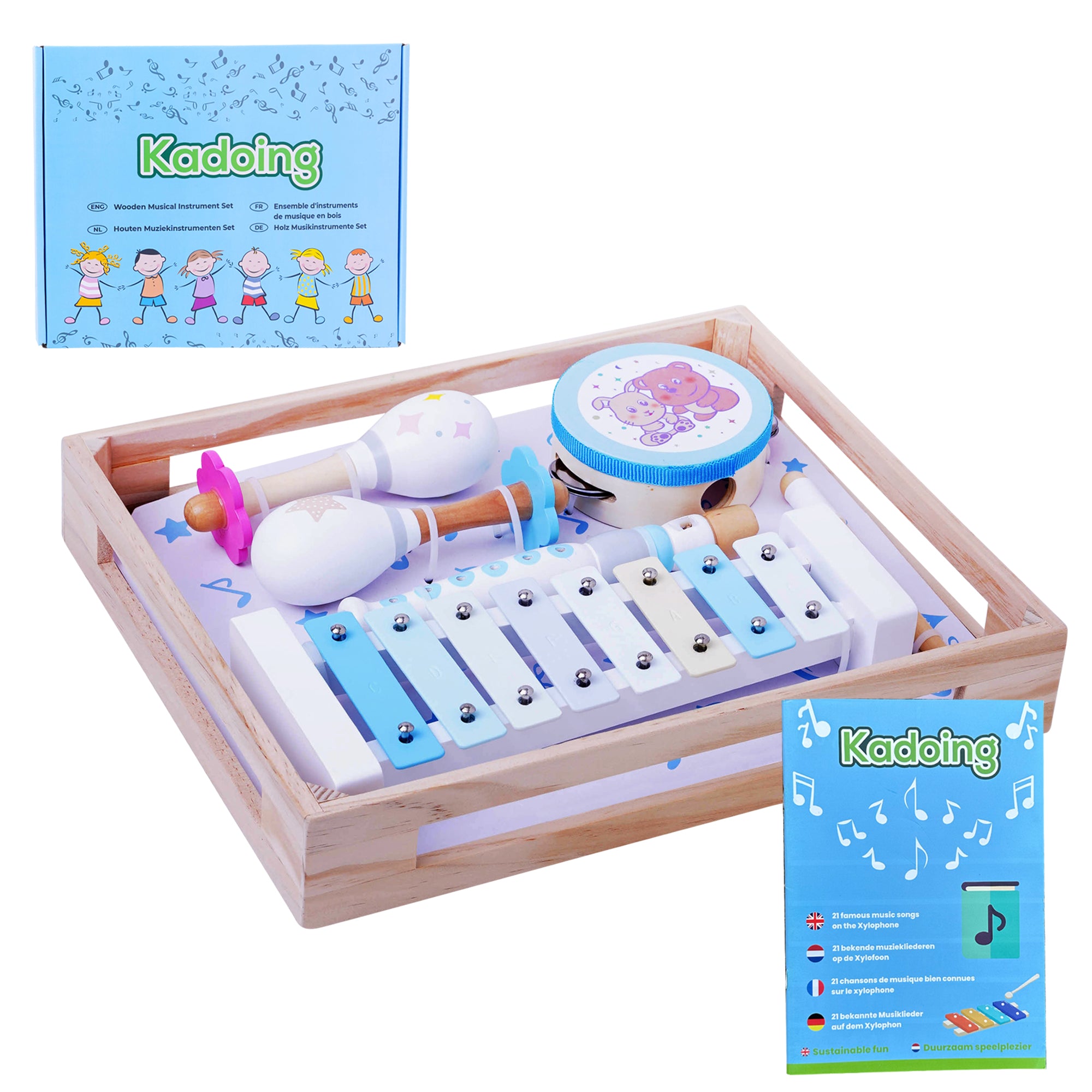 Kadoing Wooden Musical Instruments Set - incl. Storage crate and Music Booklet - Xylophone - Montessori Toys - Children's Toys - Music for Children