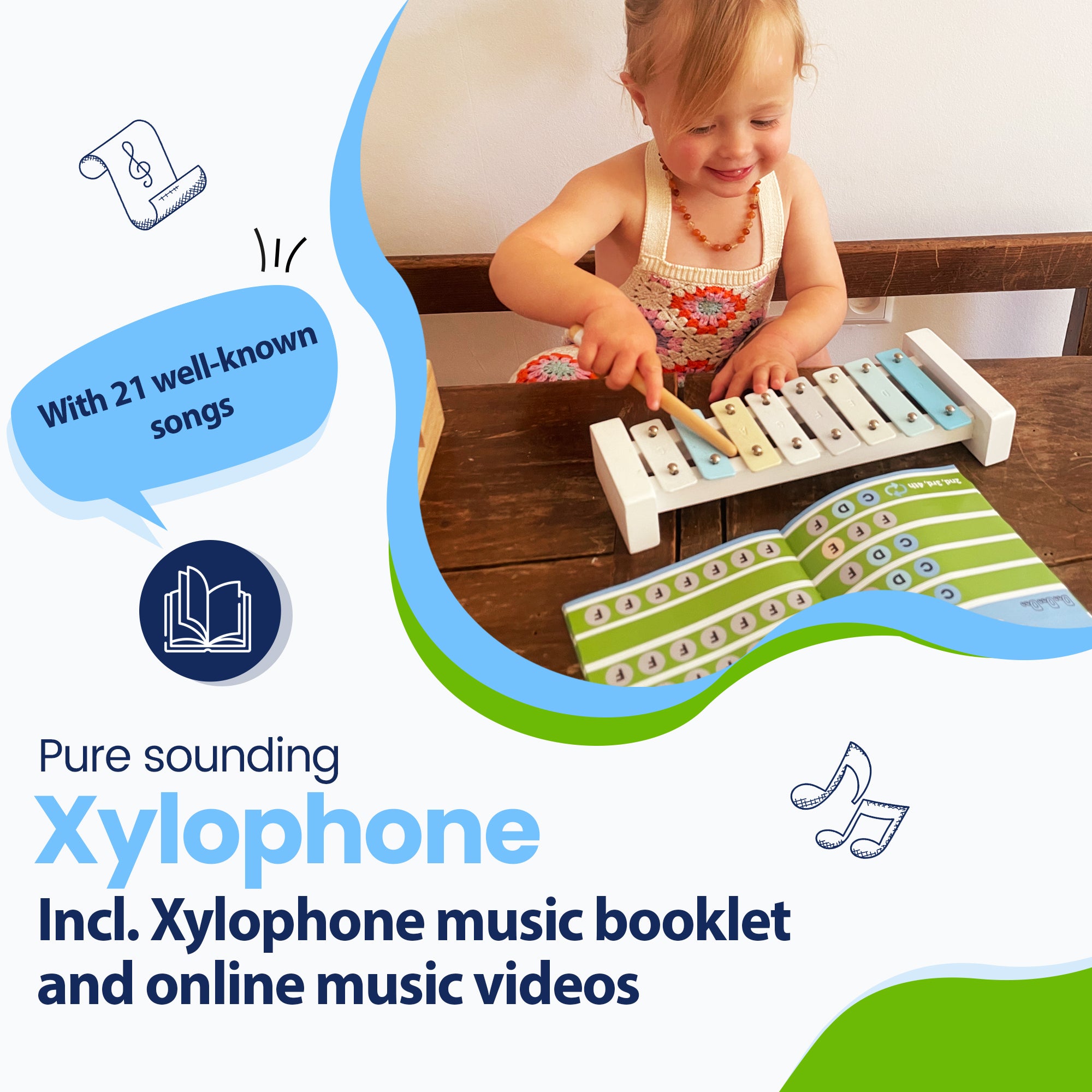 With 21 well-known songs! Pure sounding Xylophone - incl. Xylophone music booklet and online music videos