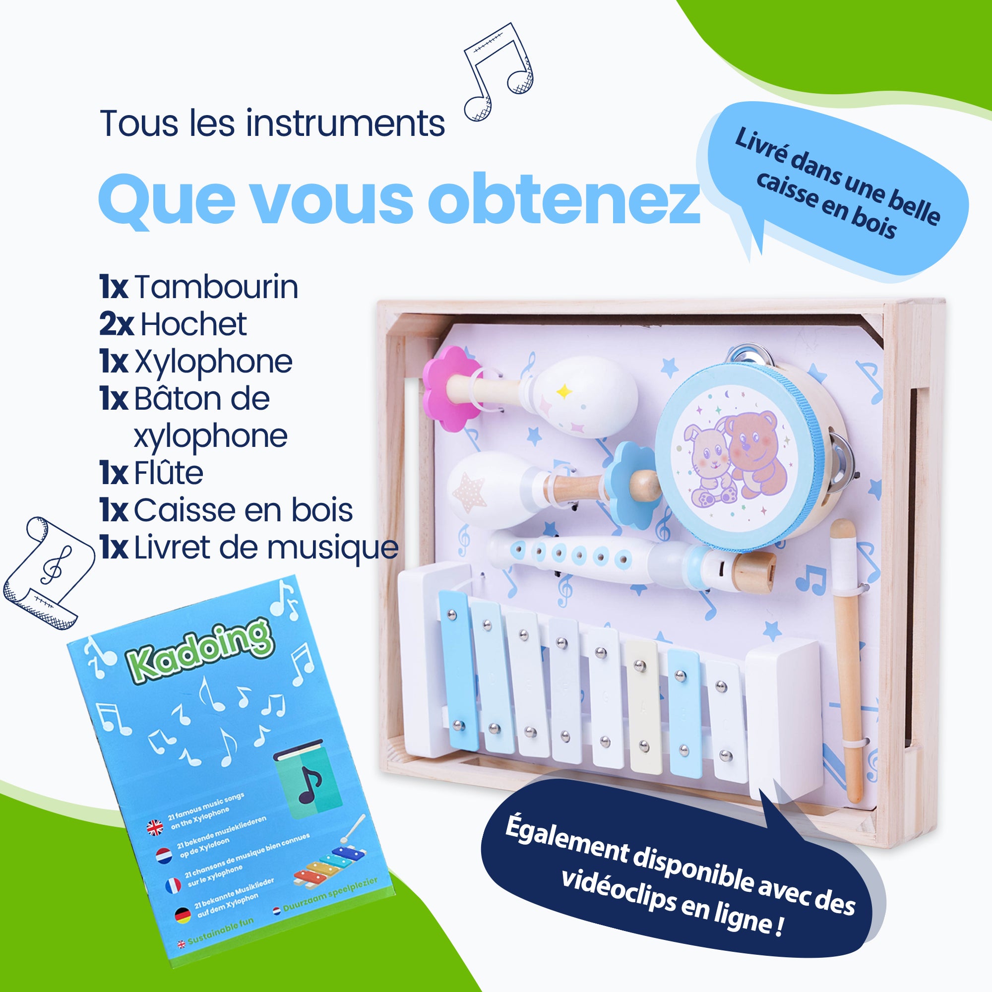 Tous les instruments que vous recevez - dans une belle caisse en bois de qualité en caoutchouc massif - Tambourin - Hochet - Xylophone - Bâton de xylophone - Flûte à bec - Caisse en bois - Incl. Livret de musique au xylophone et vidéos musicales en ligne