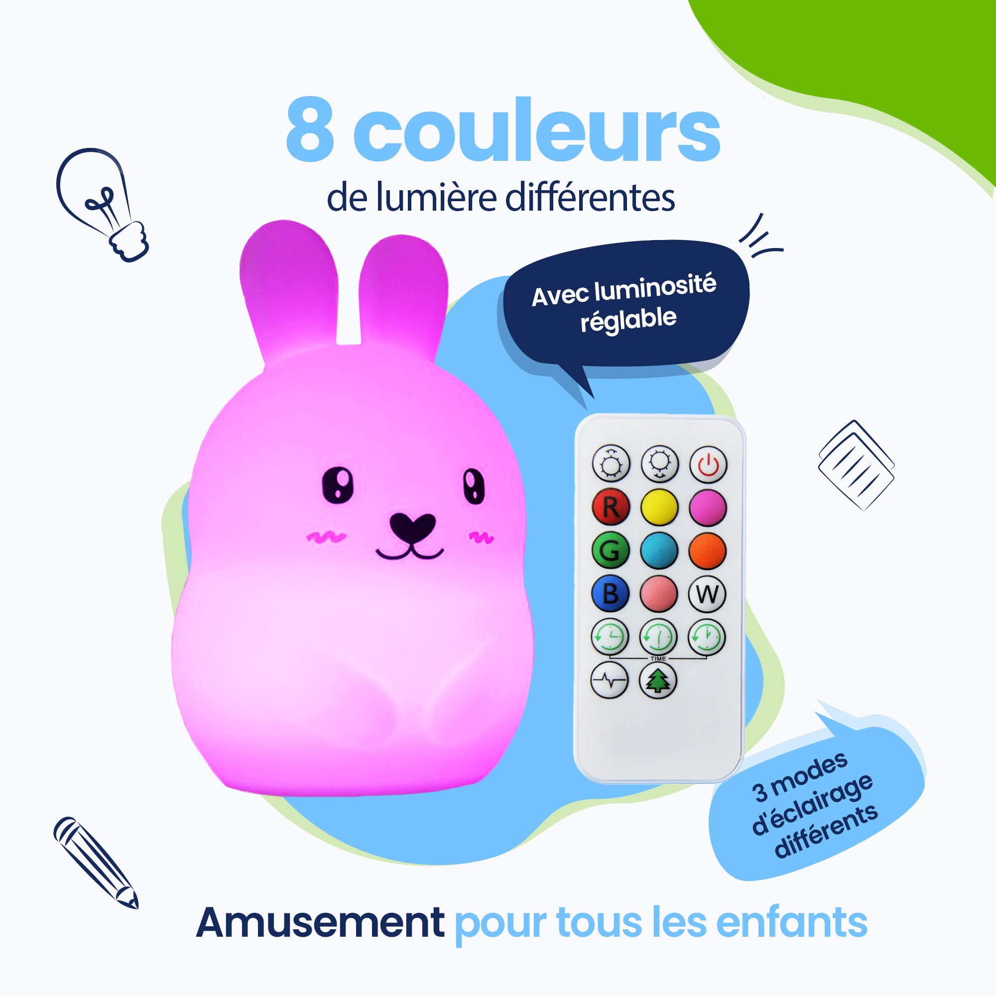 8 couleurs de lumière différentes - 3 modes d'éclairage différents - Amusant pour chaque enfant